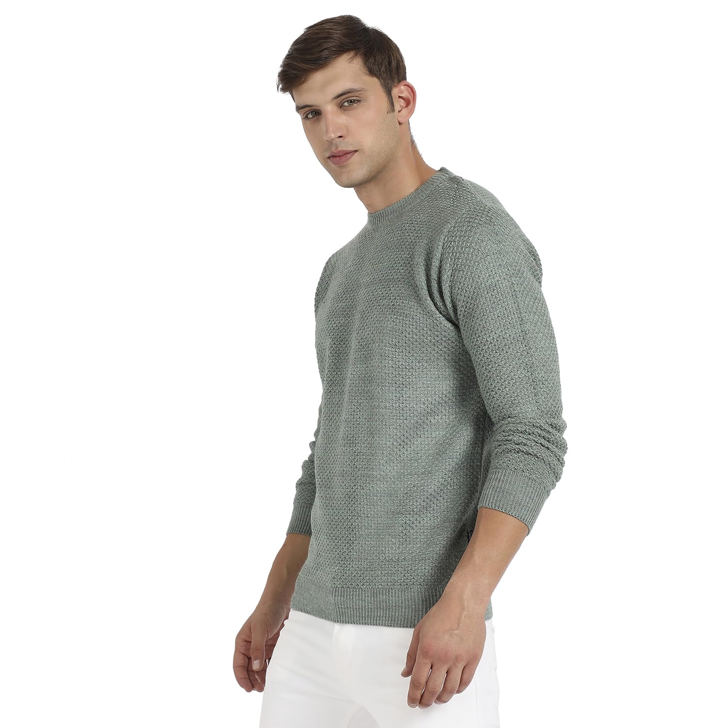 Campus Sutra Men's Sage Green Textured Knit Pullover Sweater for Casual Wear | Crew Neck | Long Sleeve | Pull On Closure | Cotton Sweater Crafted with Comfort Fit for Regular Wear - Image 4
