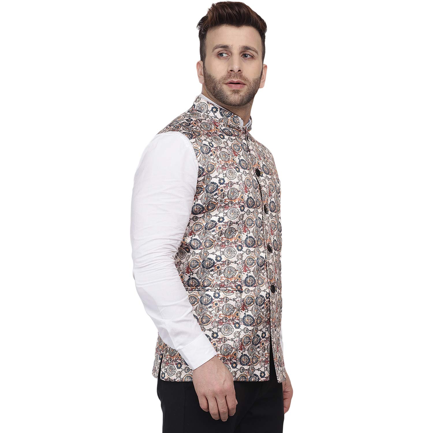 Veera Paridhaan Men's Multi Print Pure Cotton knitted Beige Nehru Jacket (Size: 46) - Image 5