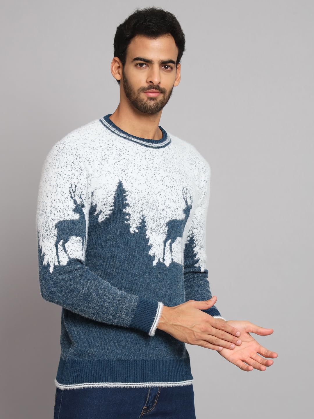 eWools Men's Winterwear Woolen Animal Print Round Neck Cardigans Sweaters (Blue, 2XL) - Image 4