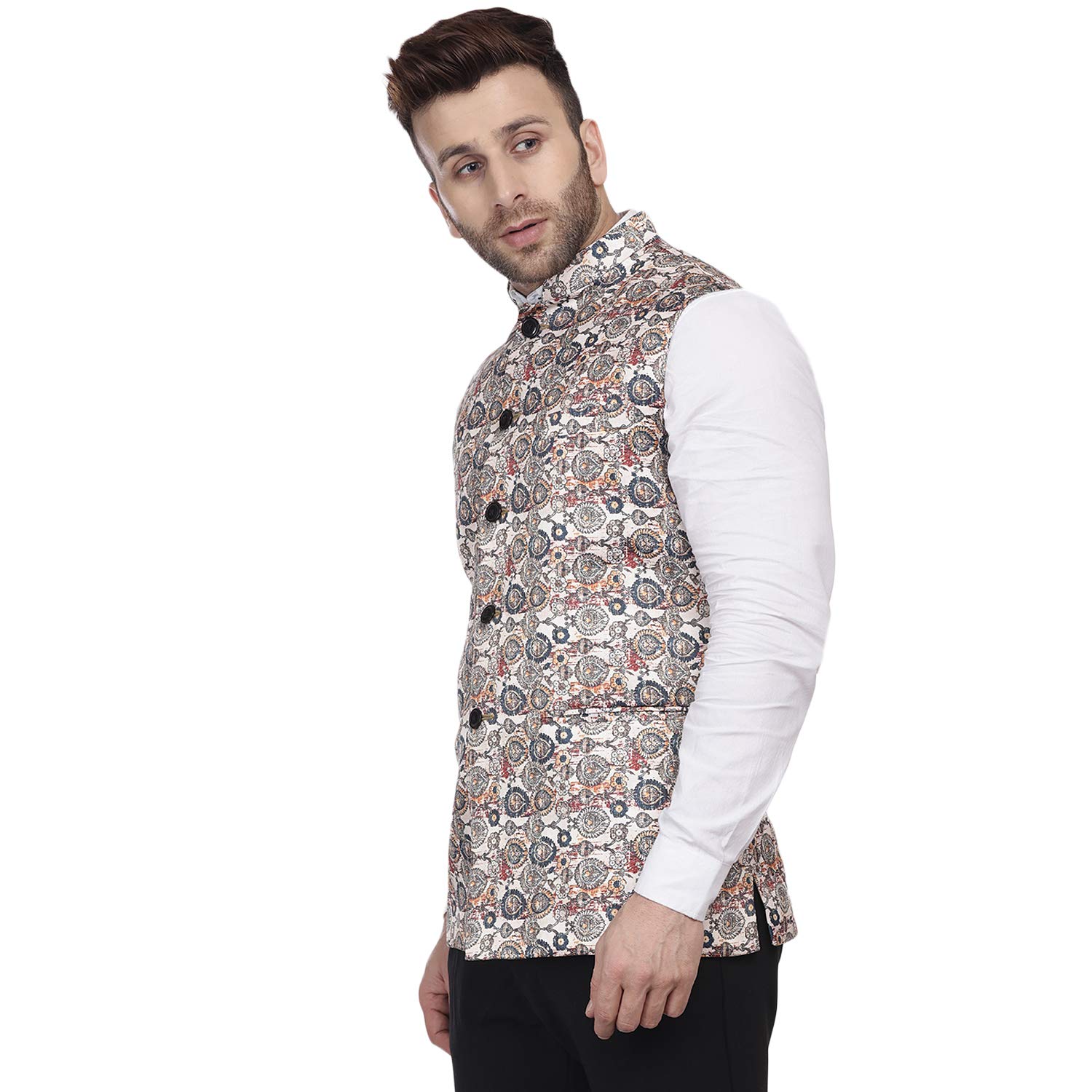 Veera Paridhaan Men's Multi Print Pure Cotton knitted Beige Nehru Jacket (Size: 46) - Image 6
