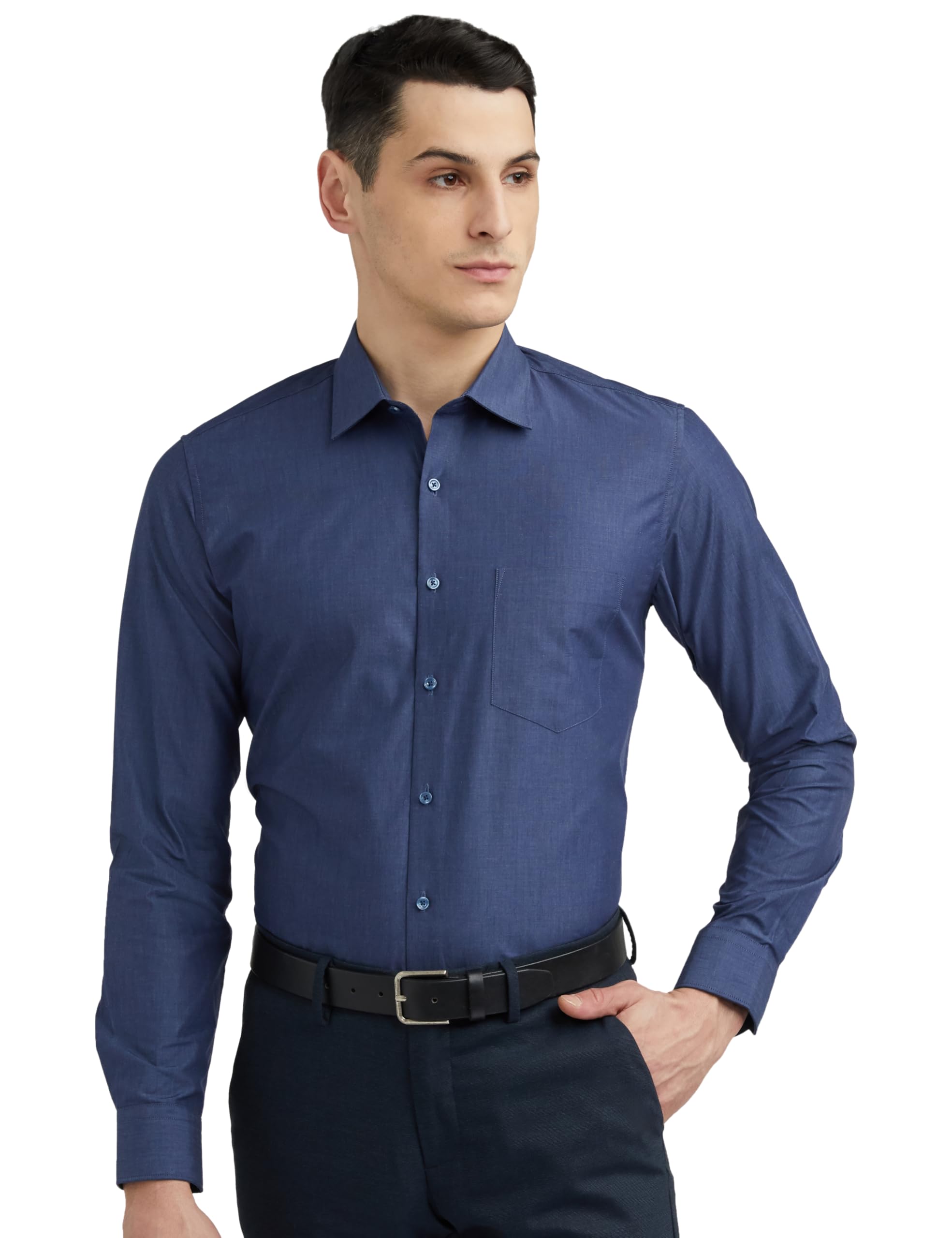 Van Heusen Cotton Men's Solid Slim Fit Formal Shirt (VHSFRSLBJ74217_Navy 39)