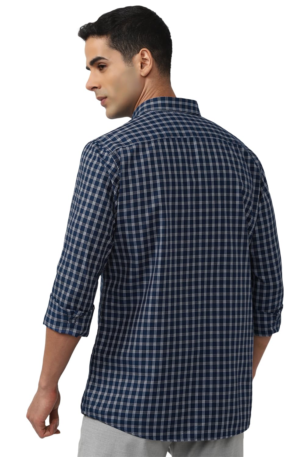 Peter England Men's Slim Fit Full Sleeve Checkered Casual Shirt | 100% Cotton | Premium Twill Weave Navy - Image 3