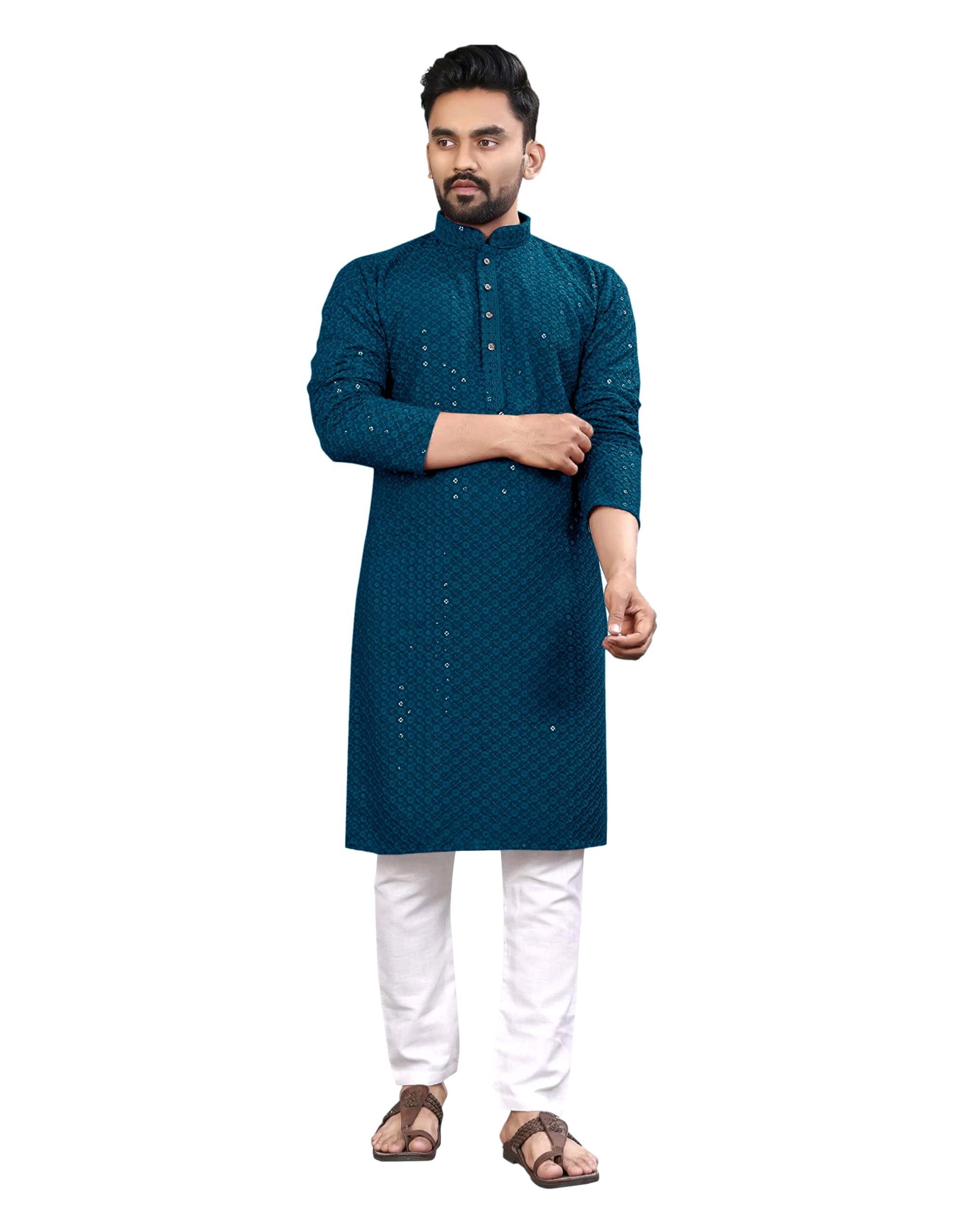 Trustous Georgette Men's Indian Ethnic Wear Straight Lucknowi Regular Fit Kurta SEA Green