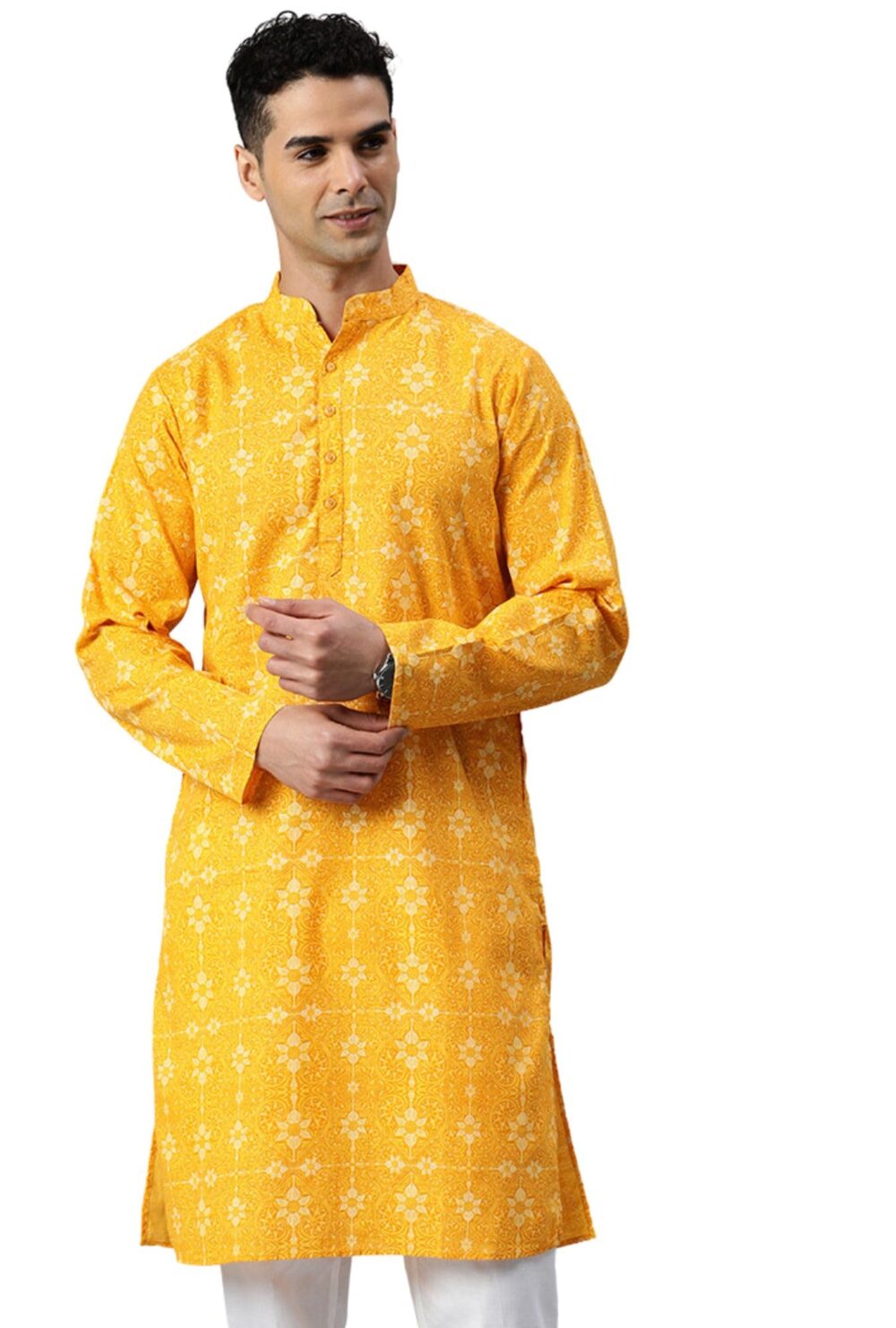 Majestic Man Cotton Mandarin Collar Ethnic Motifs Printed Long Regular Fit Kurta For Men (Small, Haldi, Yellow)