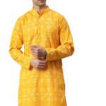 Majestic Man Cotton Mandarin Collar Ethnic Motifs Printed Long Regular Fit Kurta For Men (Small, Haldi, Yellow)