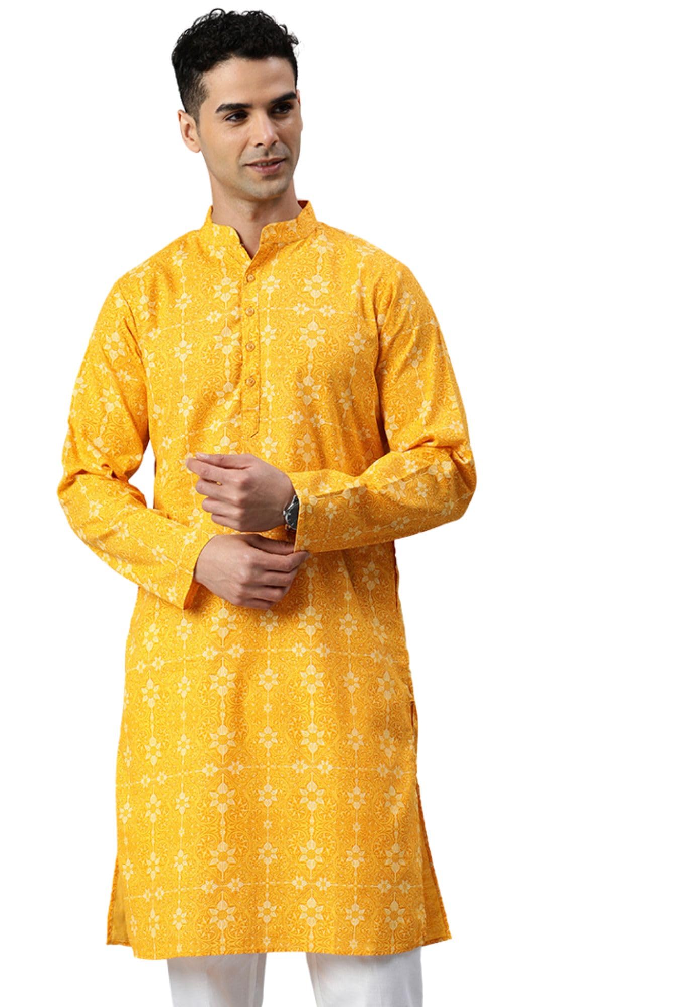 Majestic Man Cotton Mandarin Collar Ethnic Motifs Printed Long Regular Fit Kurta For Men (Small, Haldi, Yellow)