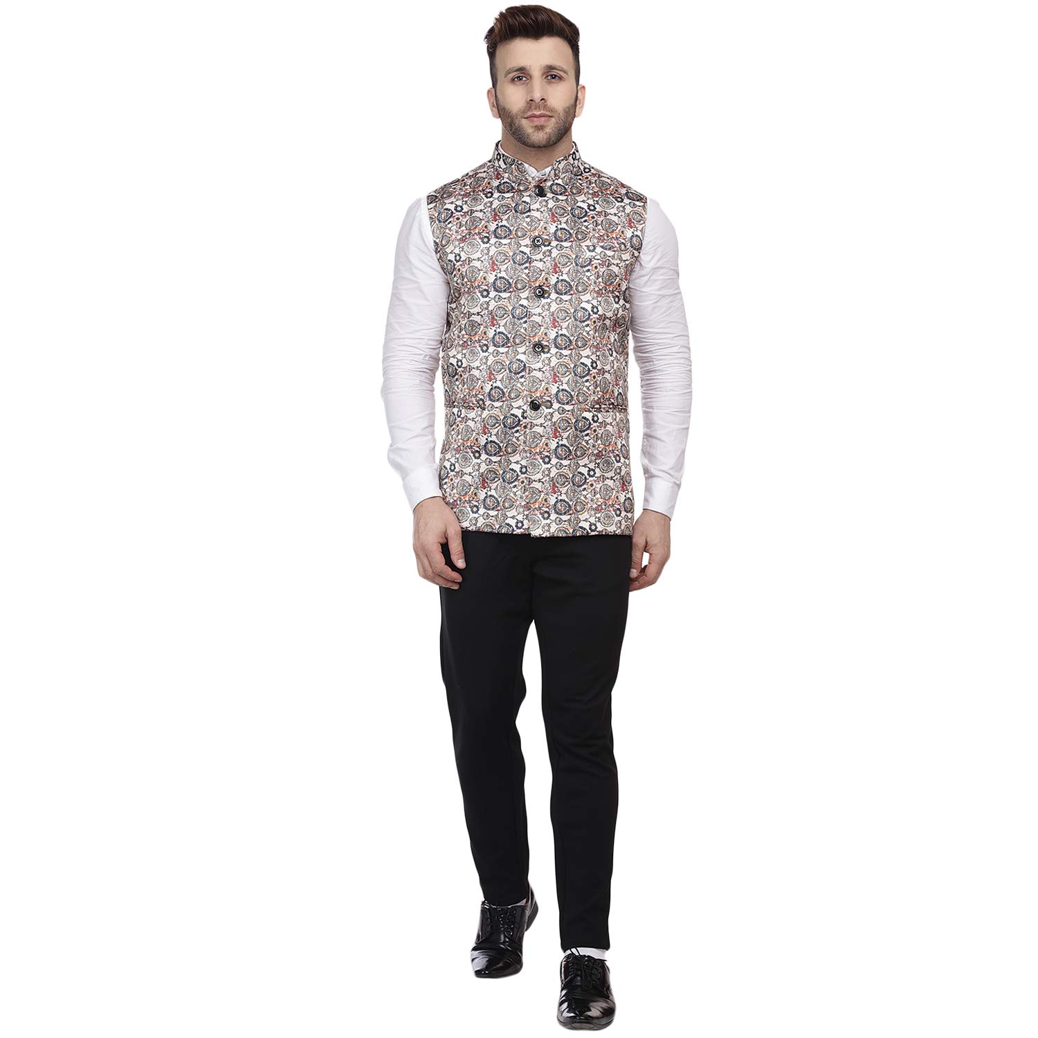 Veera Paridhaan Men's Multi Print Pure Cotton knitted Beige Nehru Jacket (Size: 46) - Image 3