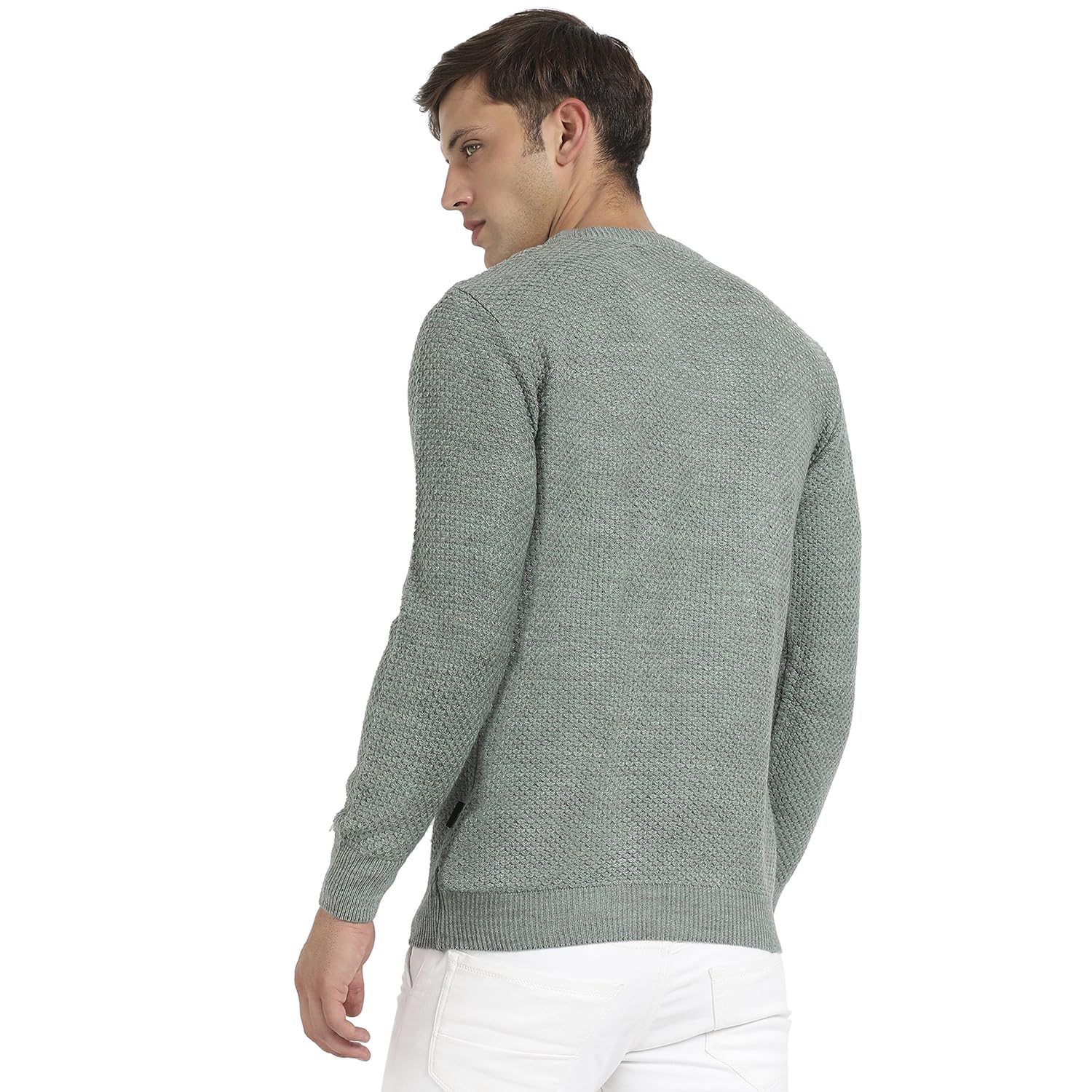 Campus Sutra Men's Sage Green Textured Knit Pullover Sweater for Casual Wear | Crew Neck | Long Sleeve | Pull On Closure | Cotton Sweater Crafted with Comfort Fit for Regular Wear - Image 3