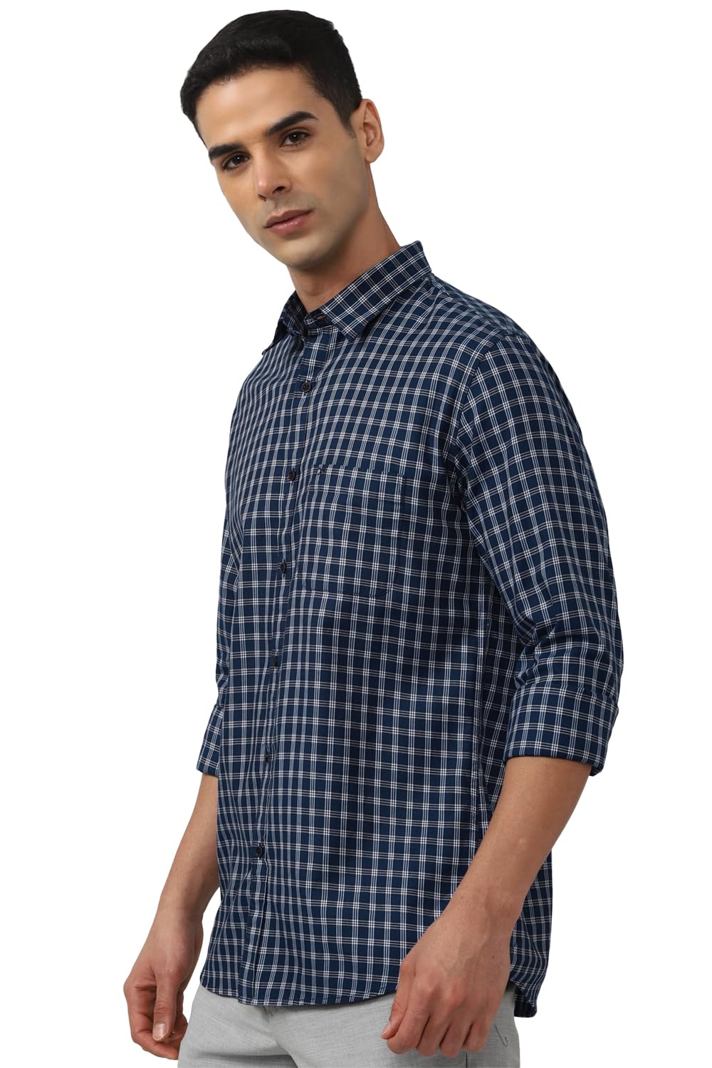 Peter England Men's Slim Fit Full Sleeve Checkered Casual Shirt | 100% Cotton | Premium Twill Weave Navy - Image 2