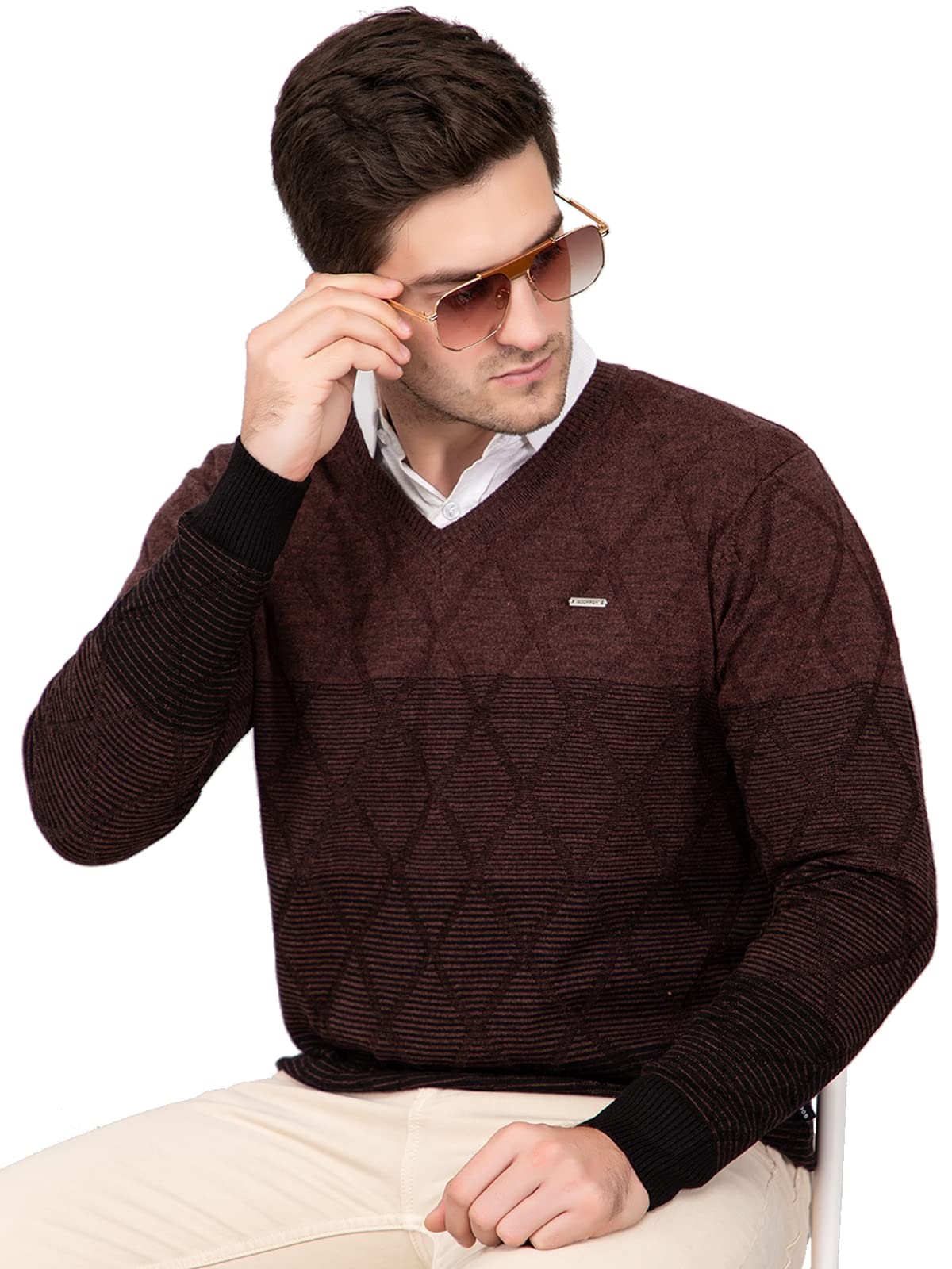 GODFREY Wool Blend V-Neck Sweaters for Men Winter, Brown, Large - Image 3