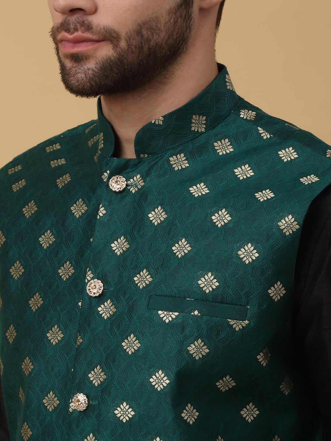 KRAFT INDIA Men's Silk Blend Jacquard Sleeveless Gold Print Green Nehru Jacket (Size- Large) - Image 5