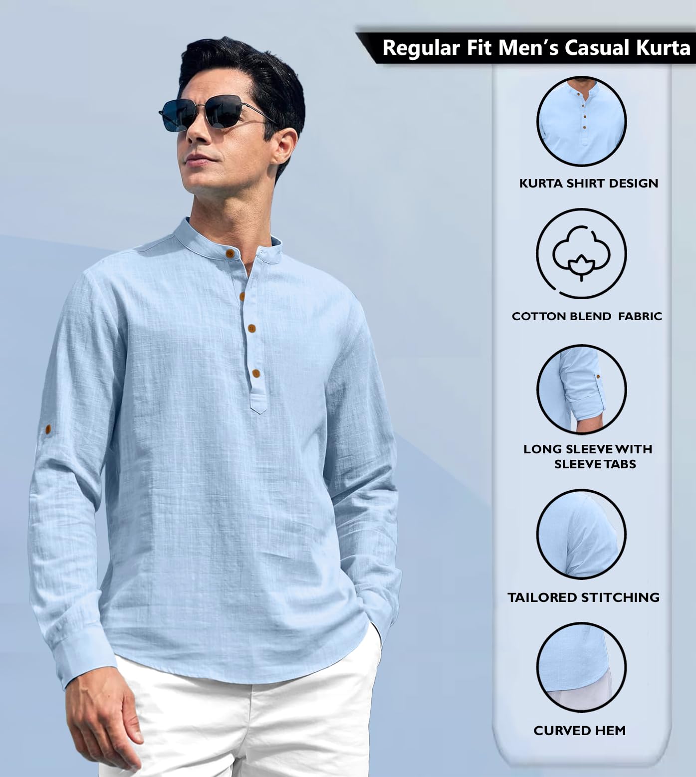 Zombom Cotton Blend Solid Casual Regular Fit Mandarin/Chinese Collor Short Kurta for Men Sky Blue - Image 7
