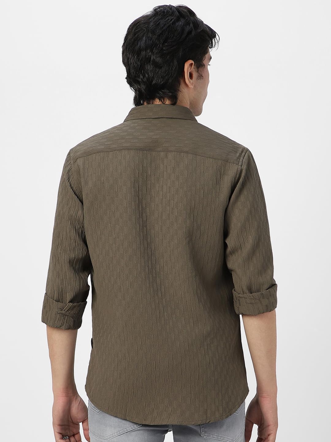 Urbano Fashion Men's Olive Green Cotton Full Sleeve Regular Fit Textured Shirt with Spread Collar (shirtsmocregfs-06-olive-xl) - Image 4