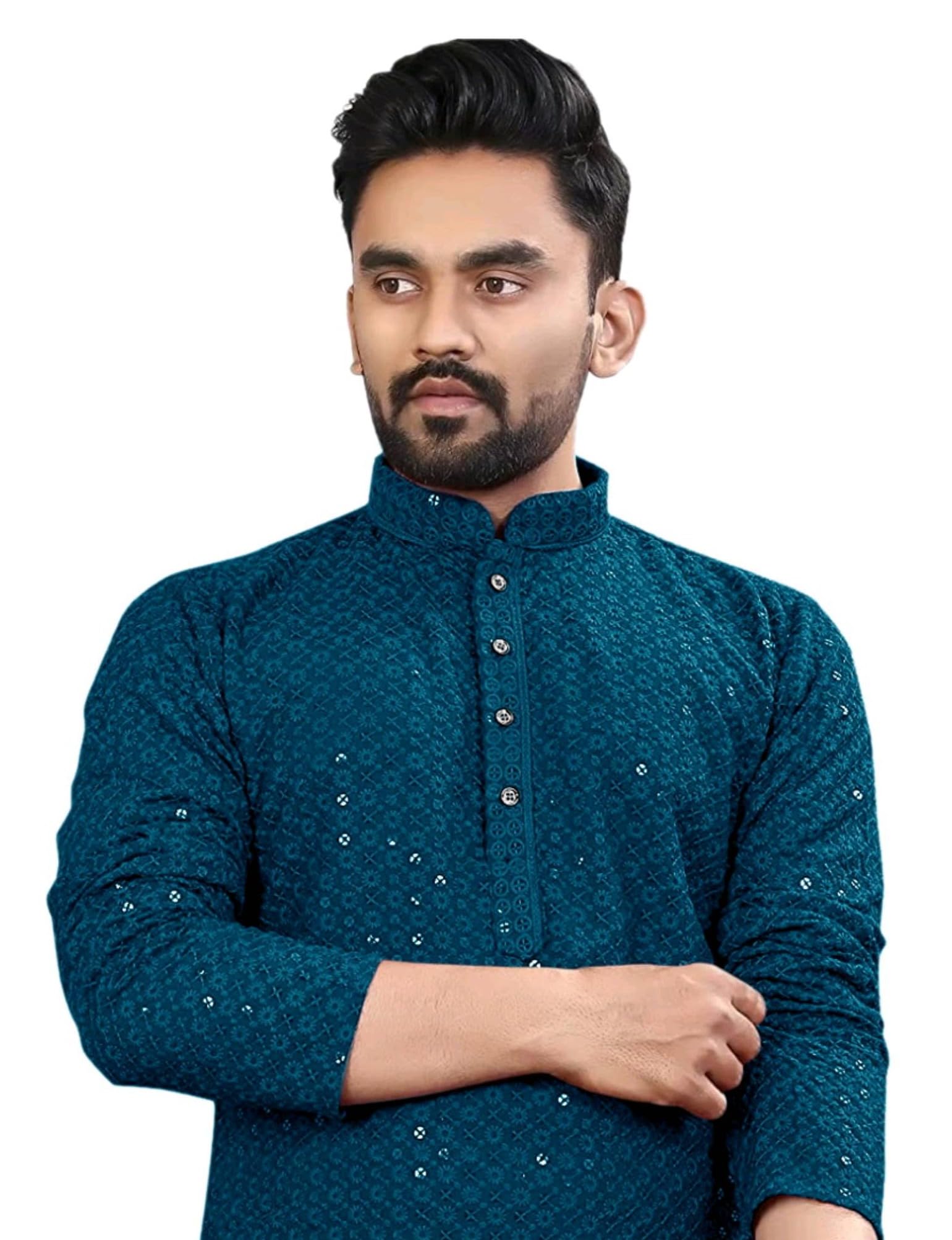 Trustous Georgette Men's Indian Ethnic Wear Straight Lucknowi Regular Fit Kurta SEA Green - Image 2
