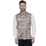 Veera Paridhaan Men's Multi Print Pure Cotton knitted Beige Nehru Jacket (Size: 46)