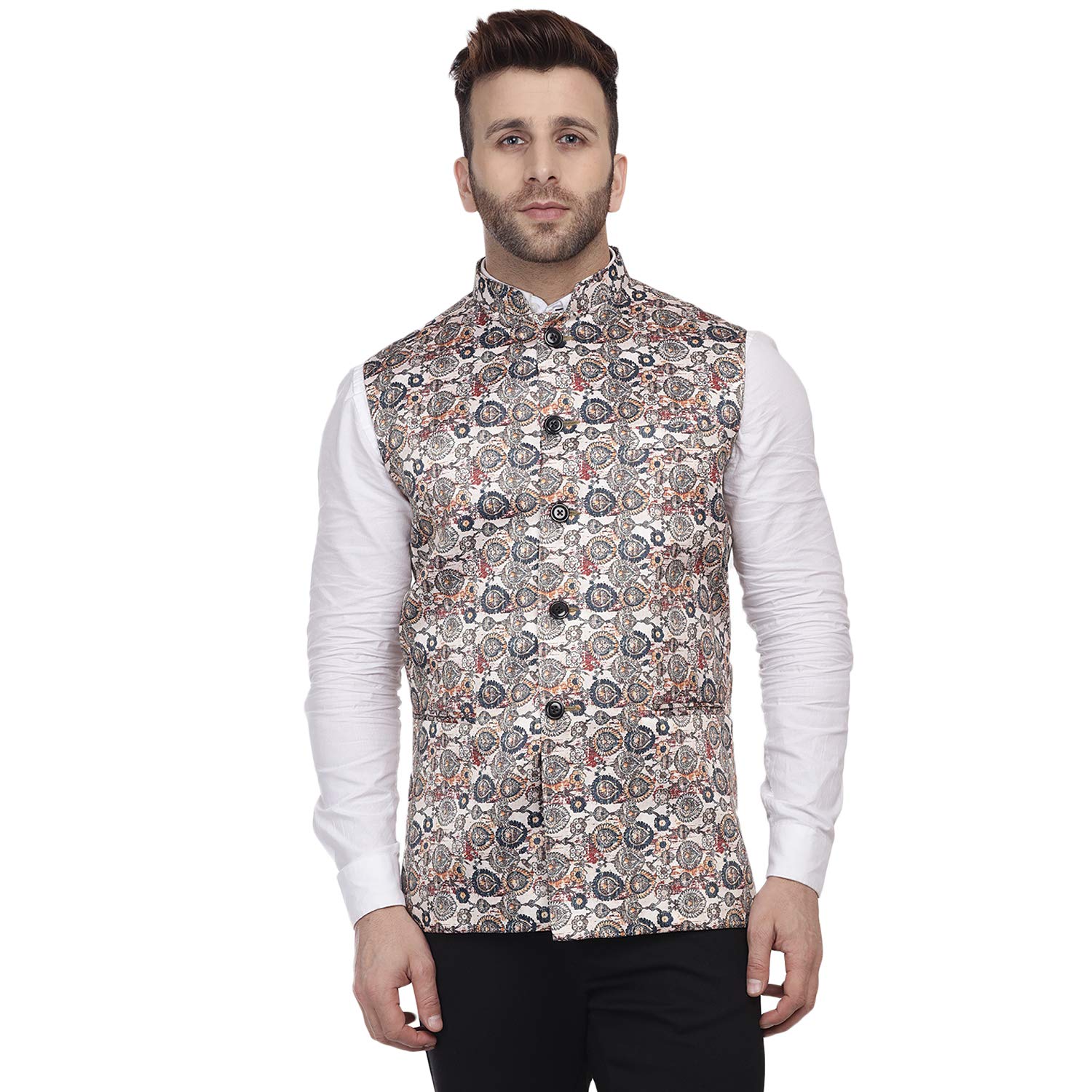 Veera Paridhaan Men's Multi Print Pure Cotton knitted Beige Nehru Jacket (Size: 46)