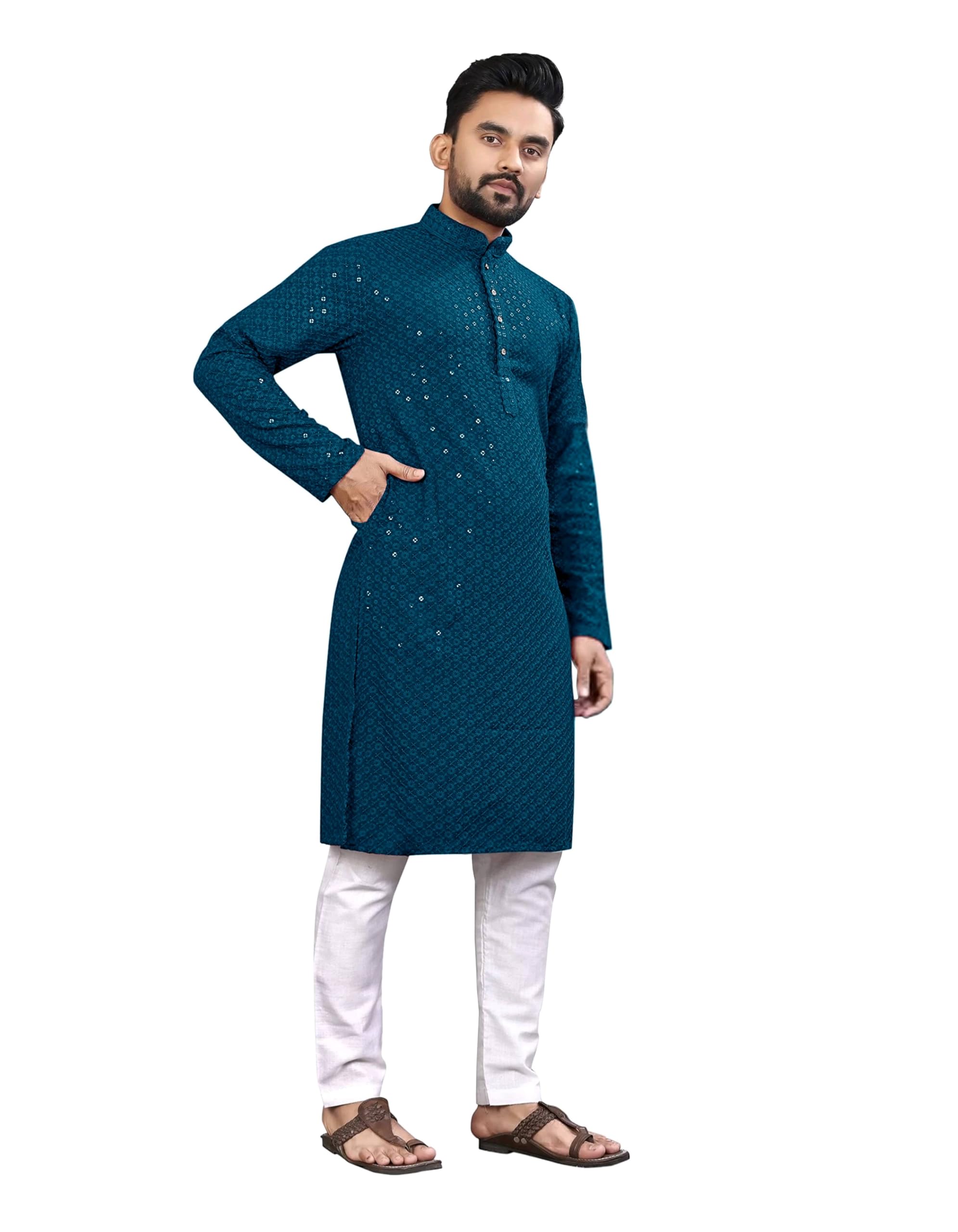 Trustous Georgette Men's Indian Ethnic Wear Straight Lucknowi Regular Fit Kurta SEA Green - Image 6