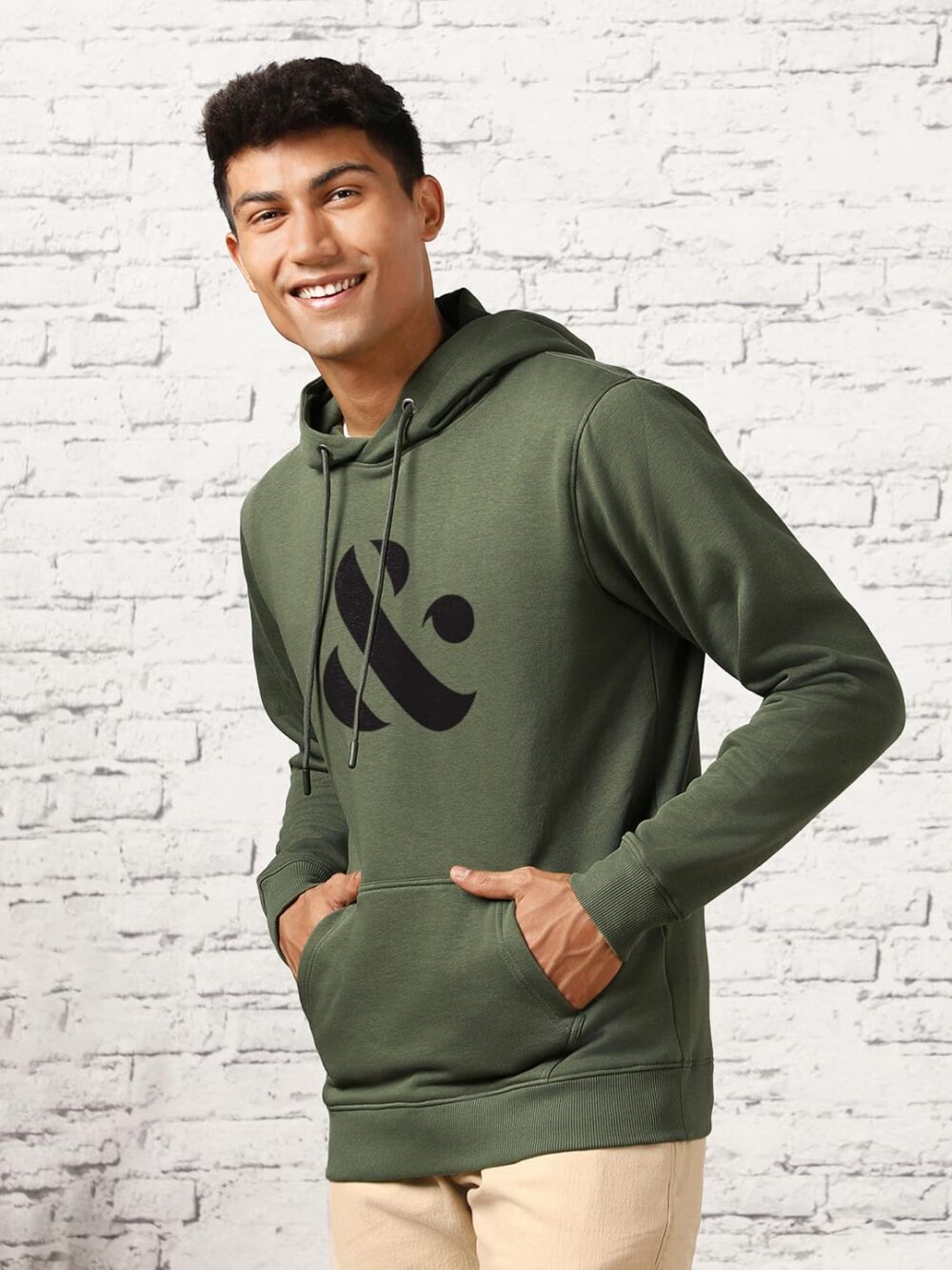 NOBERO Men's Cotton Blend Neck Regular Fit Hooded Sweatshirt (1M-TWHO-C0890_Olive Green (Large) - Image 4