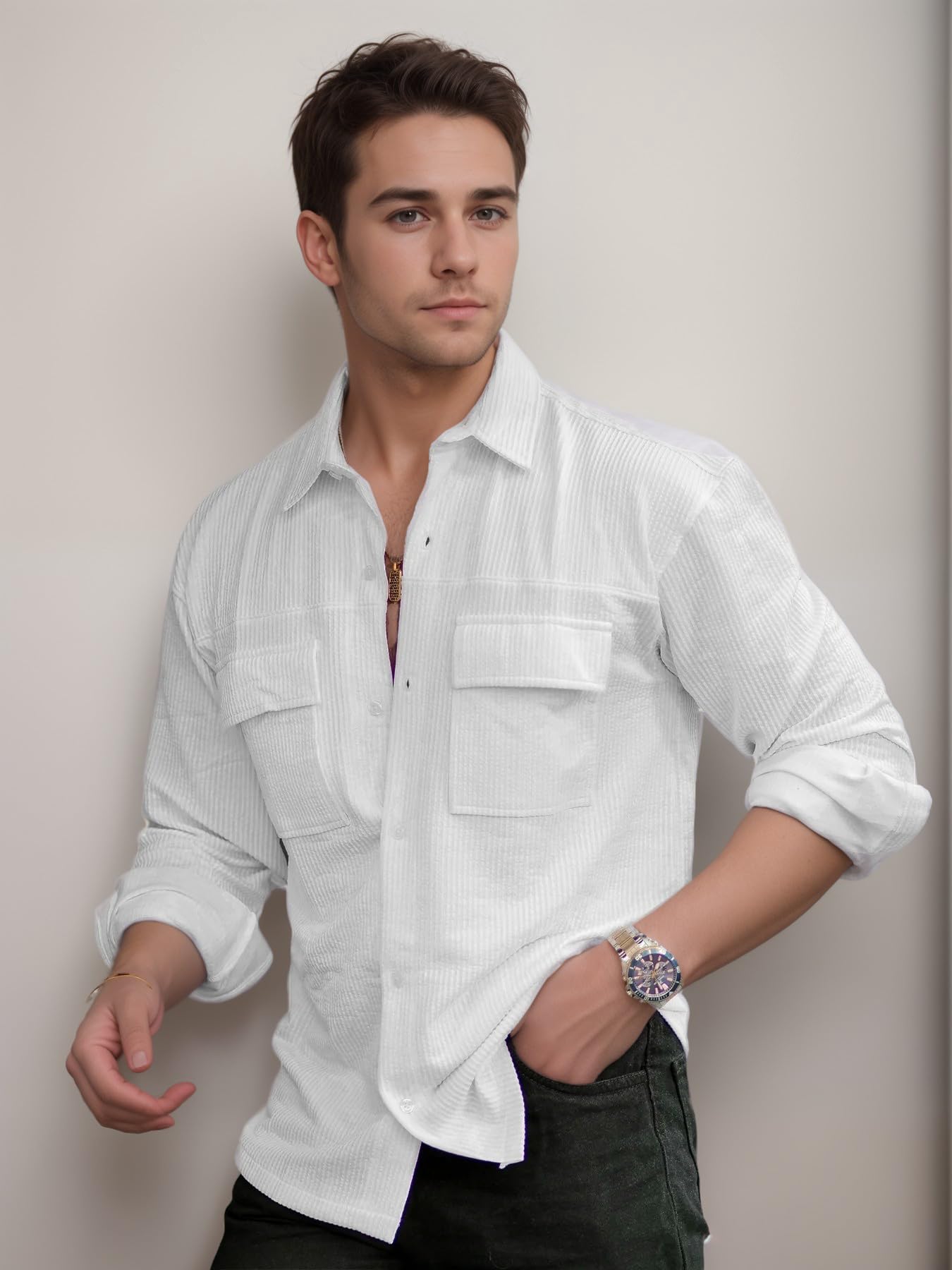 IndoPrimo Men's Regular Fit Fancy Double Pocket Casual Shirt for Men Full Sleeves - Cargo (in, Alpha, 2XL, White) - Image 5