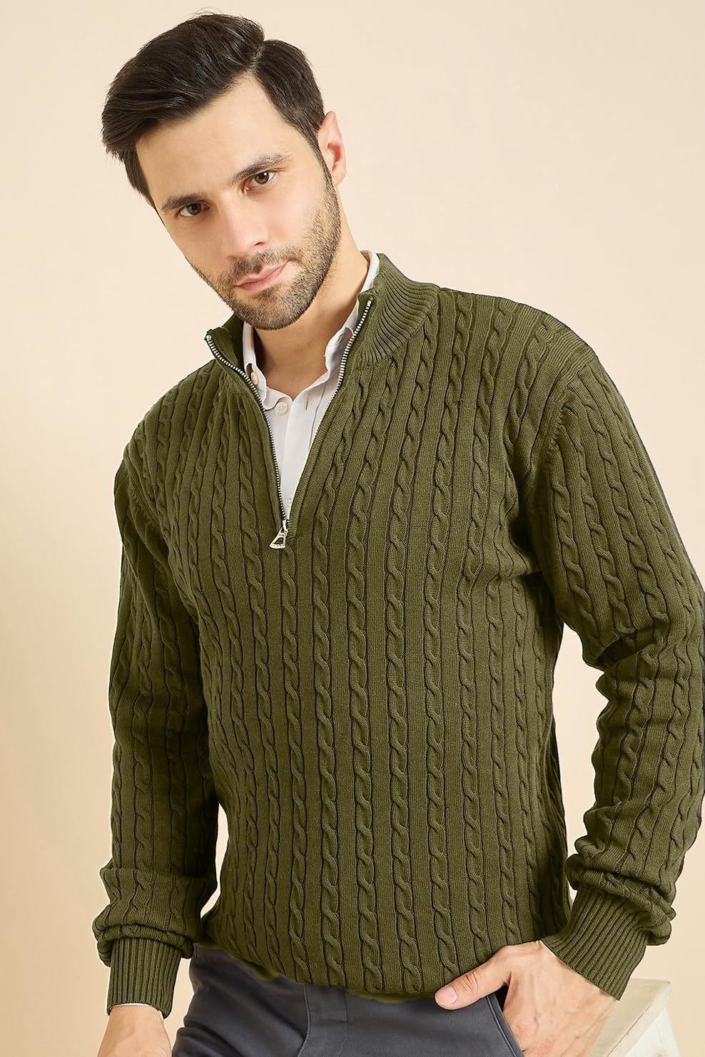 DZANT Wool Blend Sweaters for Men Winter | Premium | Zipper | Cable Knit Design | Full Sleeve | Olive Color | Turtle Neck | Sweaters for Men Zipper, Medium - Image 7