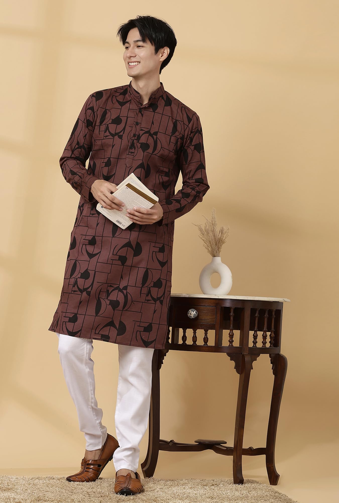 Majestic Man Men Cotton Regular Fit Mandarin Collar Ethnic Motifs Printed Kurta (Dusty Wine, X-Large) - Image 4