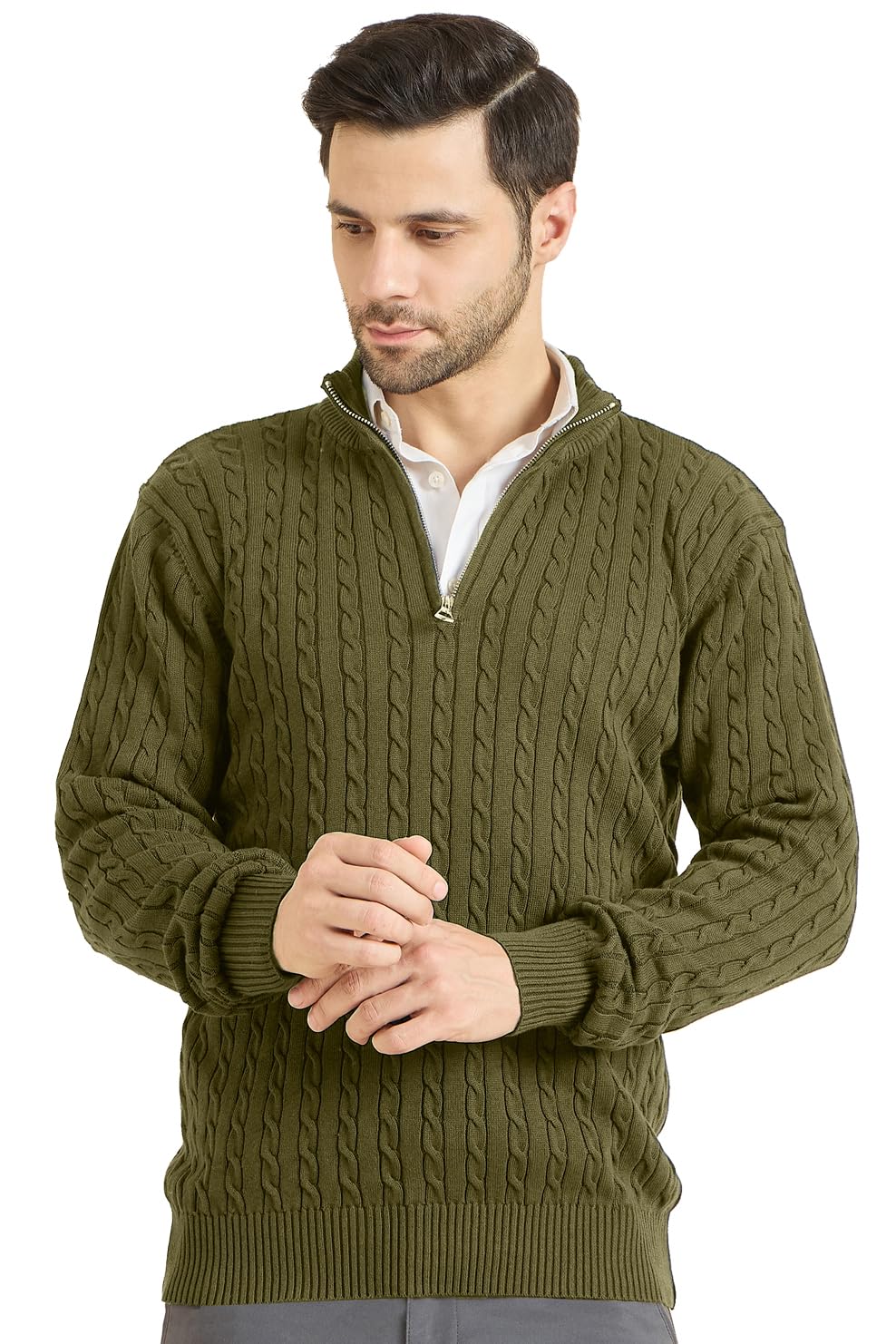 DZANT Wool Blend Sweaters for Men Winter | Premium | Zipper | Cable Knit Design | Full Sleeve | Olive Color | Turtle Neck | Sweaters for Men Zipper, Medium