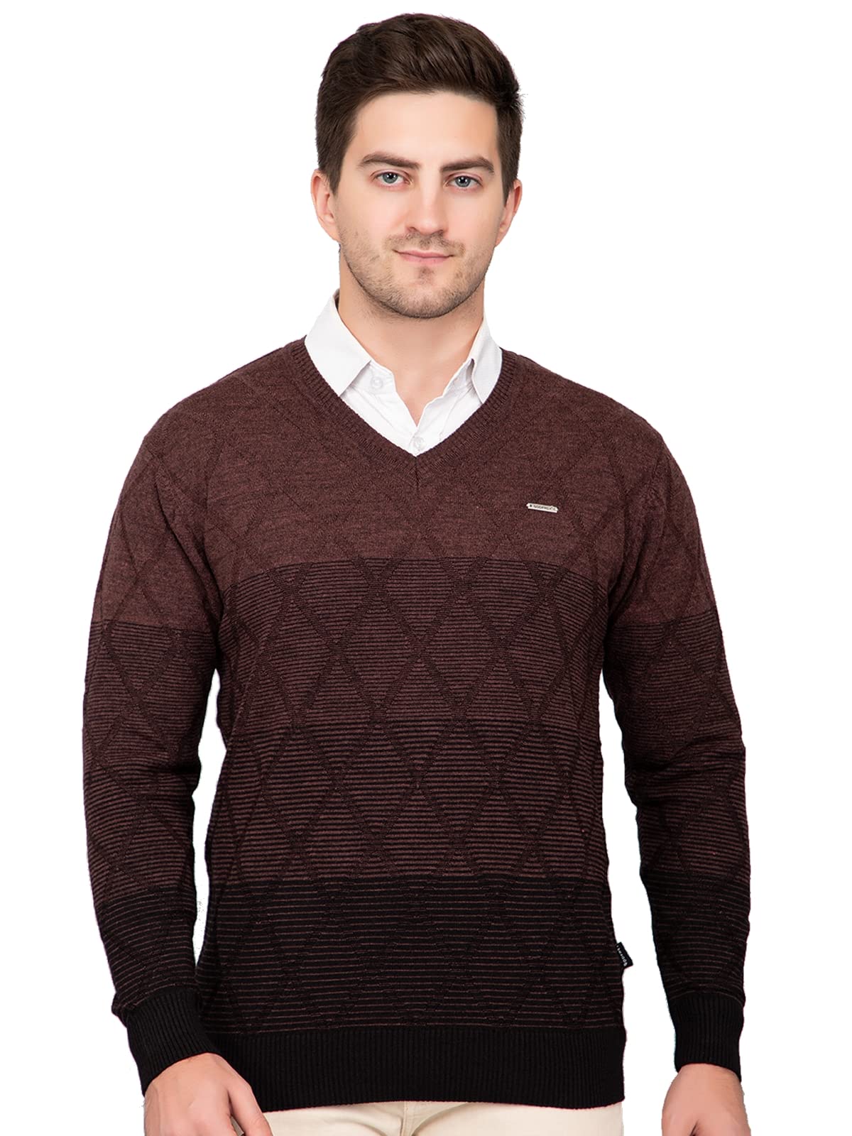GODFREY Wool Blend V-Neck Sweaters for Men Winter, Brown, Large