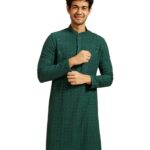DIWAS BY MANYAVAR Men's Viscose Embroidery|Sequin Work Kurta (Dark Green,L)