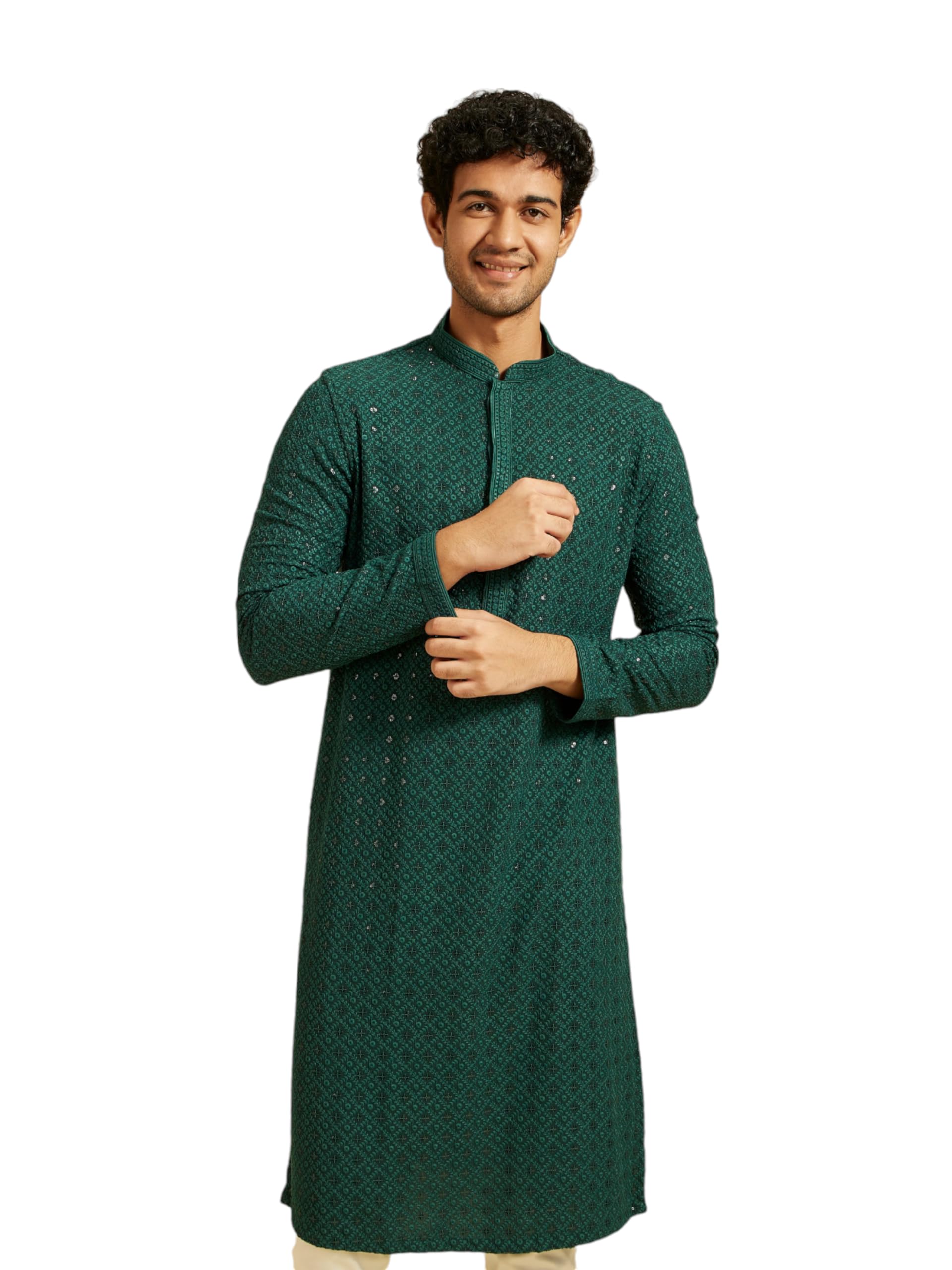 DIWAS BY MANYAVAR Men's Viscose Embroidery|Sequin Work Kurta (Dark Green,L)
