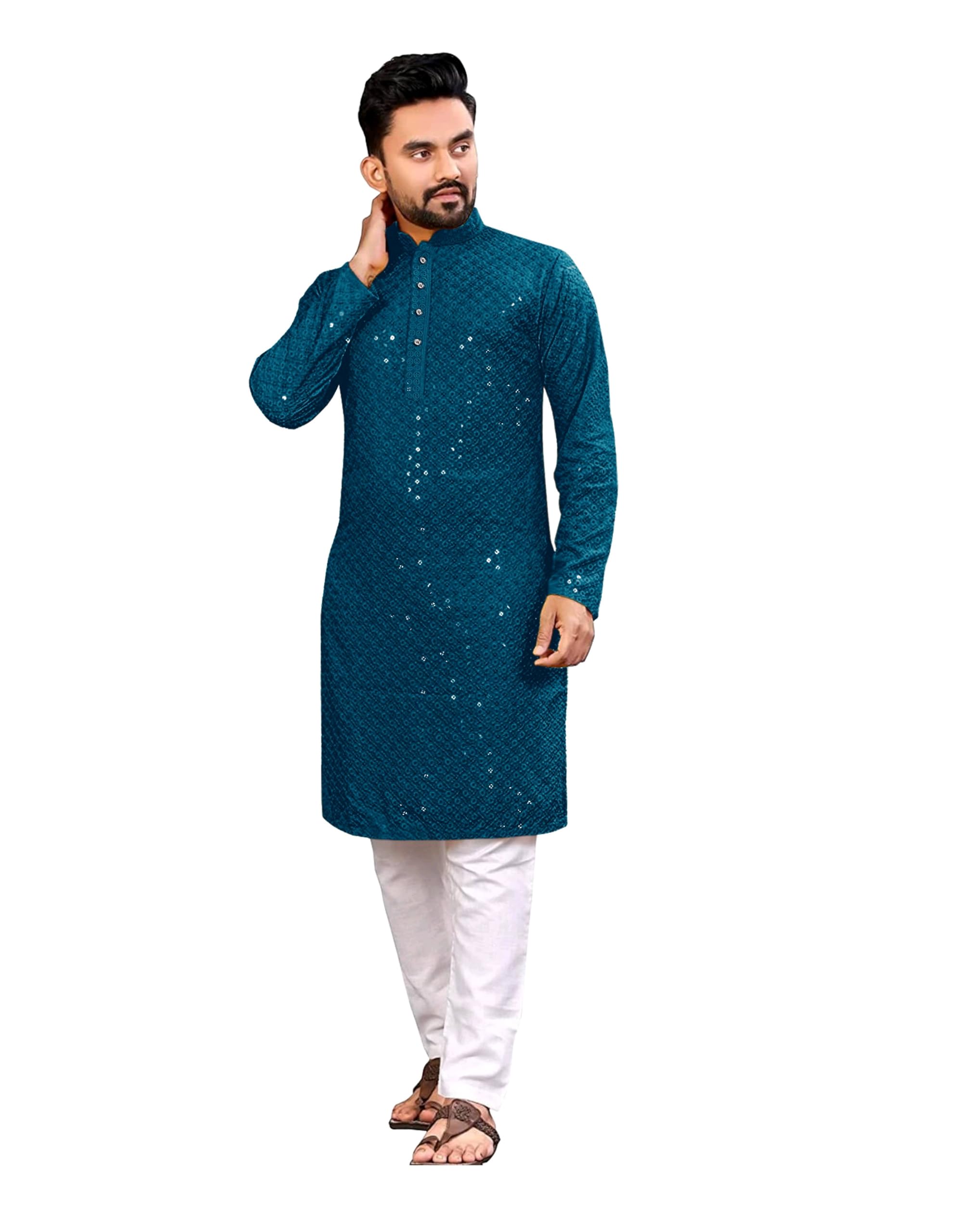 Trustous Georgette Men's Indian Ethnic Wear Straight Lucknowi Regular Fit Kurta SEA Green - Image 4