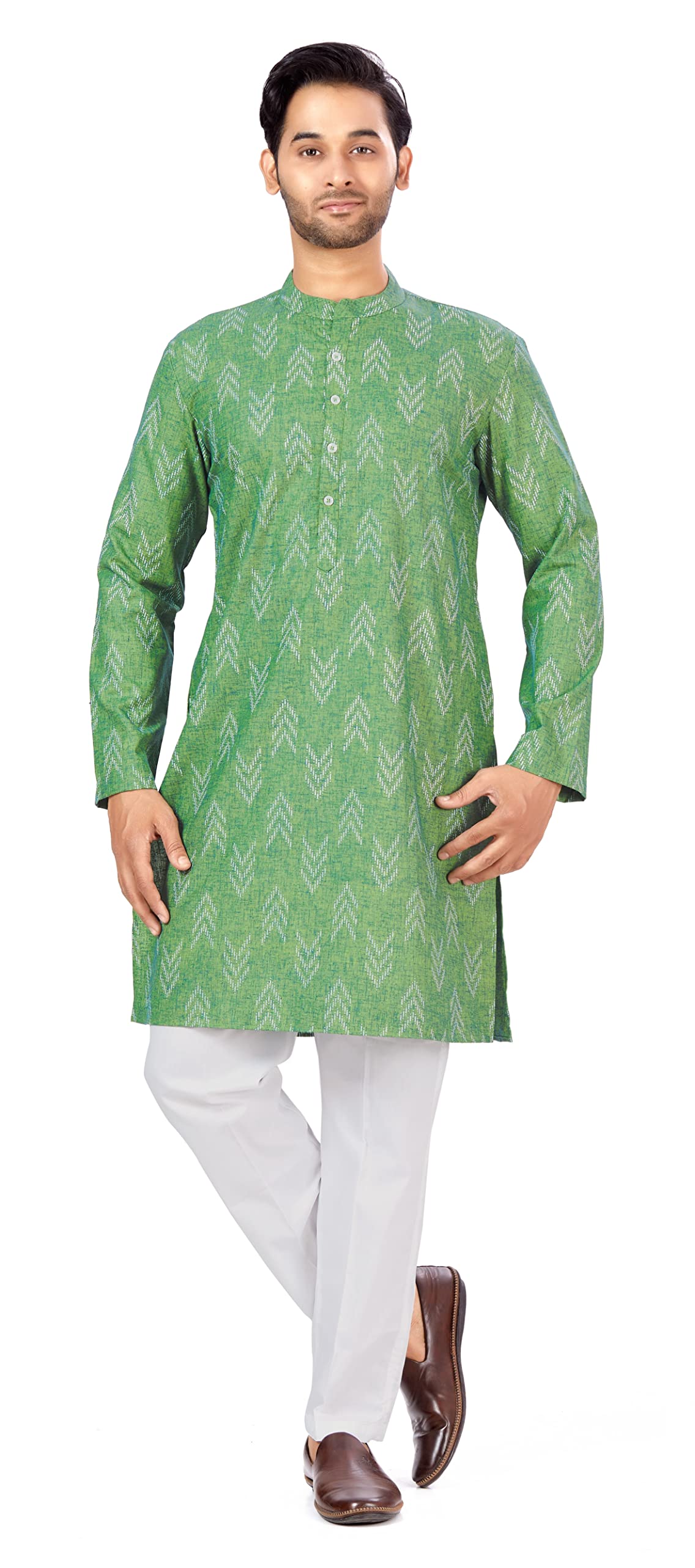 Studio Shringaar Men's Cotton Blend Relaxed Fit Ikat Printed Knee Length Kurta(M119, Green_Large) - Image 4