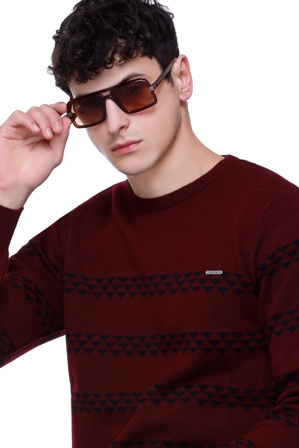GODFREY Winter Woollen Acrylic Blend Round Neck Sweater for Men Size - 2XL, Wine & Black - Image 6
