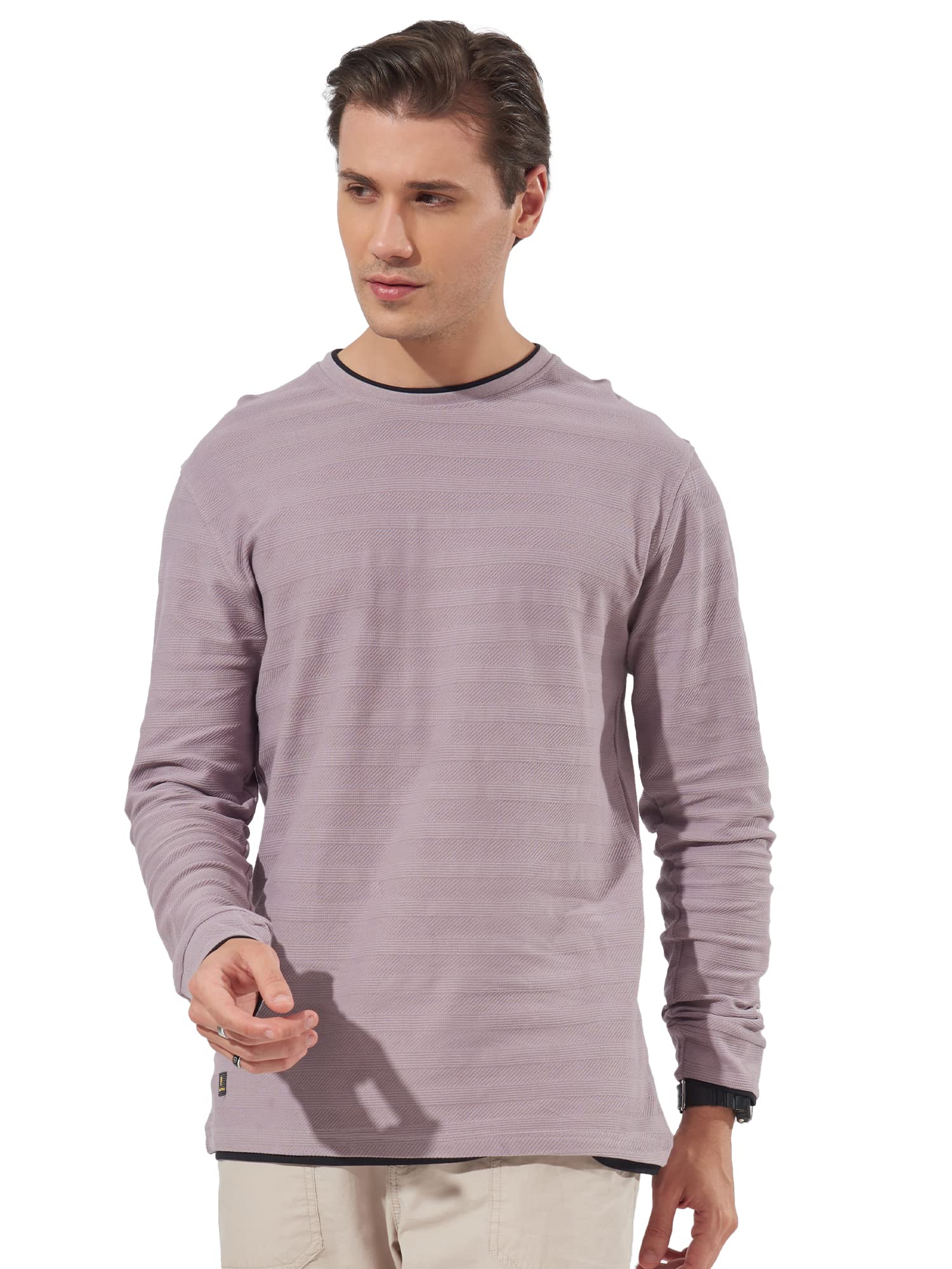 Maniac Mens Solid Round Neck Full Sleeve Lavender Cotton Slim Fit Sweatshirt - Image 8