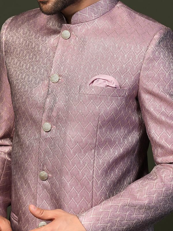 KISAH Men's Jodhpuri Bandhgala-Blazer Trouser Set, Lilac Jacquard, Woven Design Regular Fit Mandarin Collar Long Sleeves (42) - Image 3