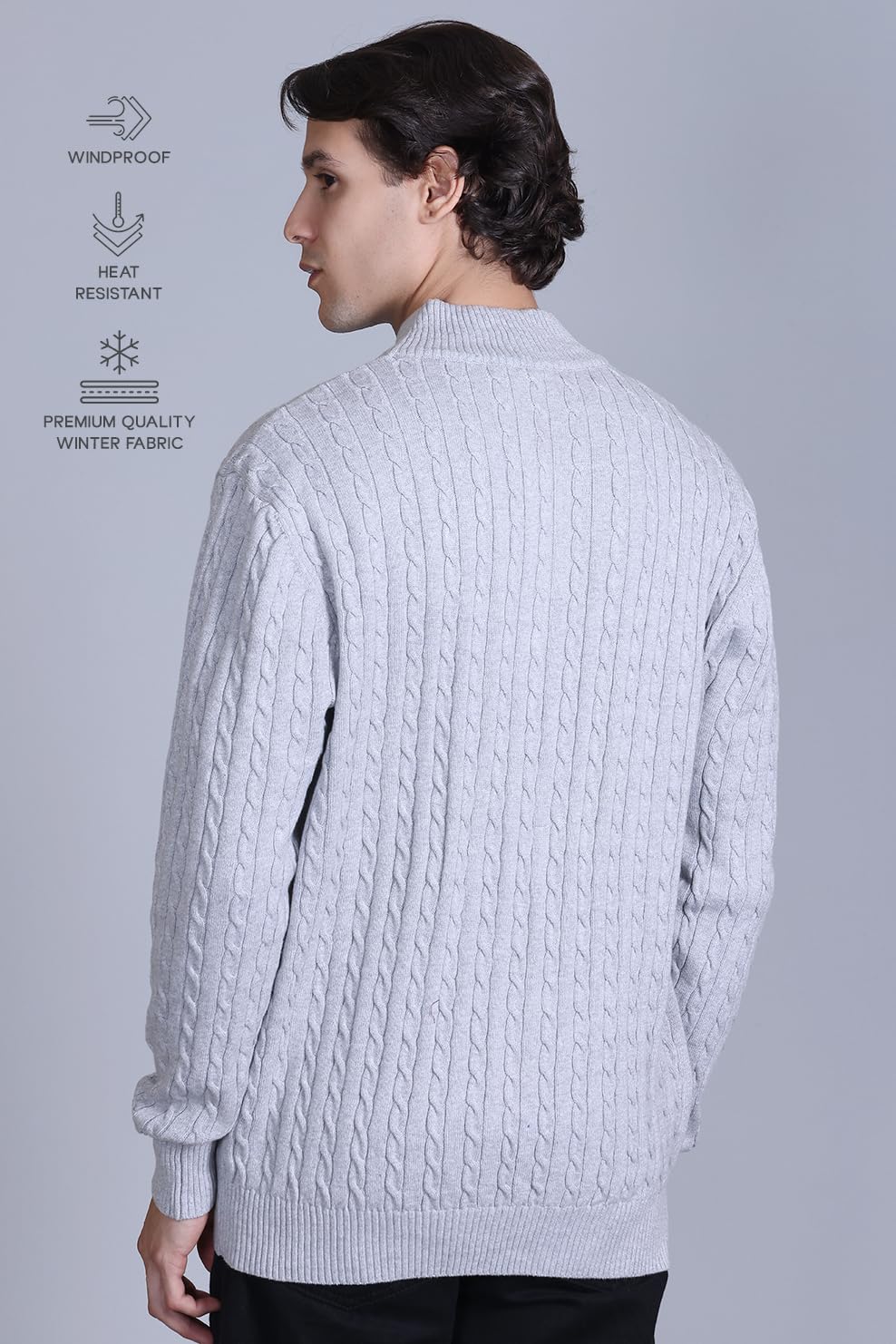 DZANT Wool Blend Mens Sweater for Winter | Premium | Zipper | Cable Knit Design | Full Sleeve | Grey Color | Zip Sweater for Men Korean, Small - Image 4