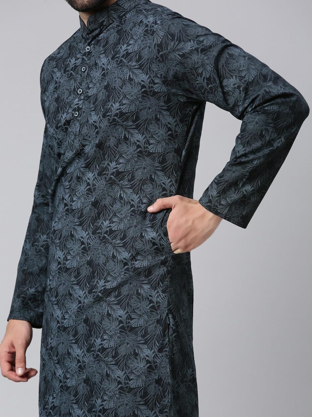 Majestic Man Cotton Mandarin Collar Ethnic Motifs Printed Regular Fit Long Kurta For Men (Large, Navy Blue) - Image 2