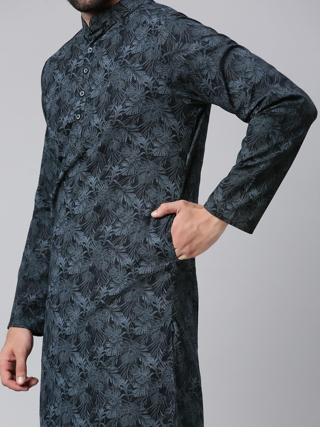 Majestic Man Cotton Mandarin Collar Ethnic Motifs Printed Regular Fit Long Kurta For Men (Large, Navy Blue) - Image 2