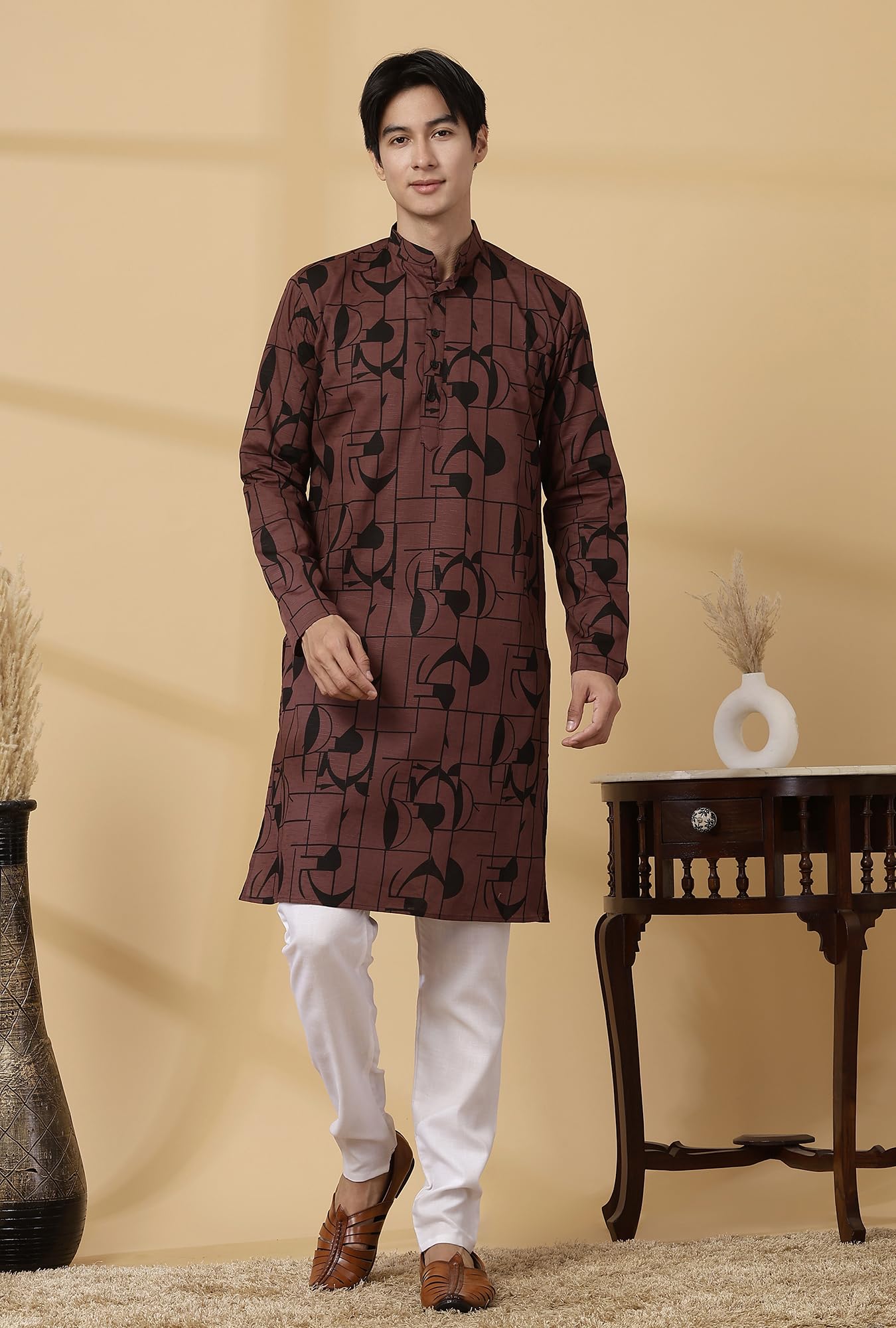 Majestic Man Men Cotton Regular Fit Mandarin Collar Ethnic Motifs Printed Kurta (Dusty Wine, X-Large) - Image 7