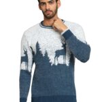 eWools Men's Winterwear Woolen Animal Print Round Neck Cardigans Sweaters (Blue, 2XL)