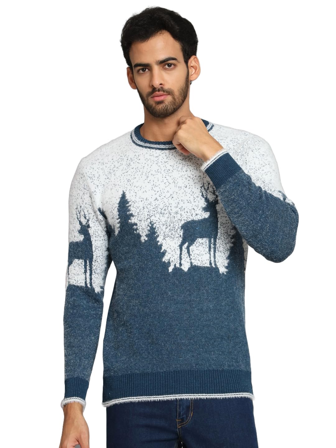 eWools Men's Winterwear Woolen Animal Print Round Neck Cardigans Sweaters (Blue, 2XL)