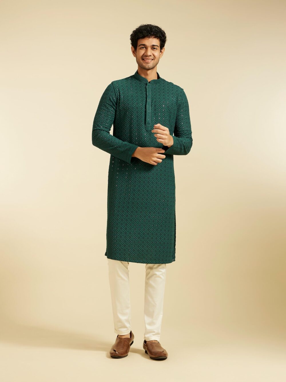DIWAS BY MANYAVAR Men's Viscose Embroidery|Sequin Work Kurta (Dark Green,L) - Image 6