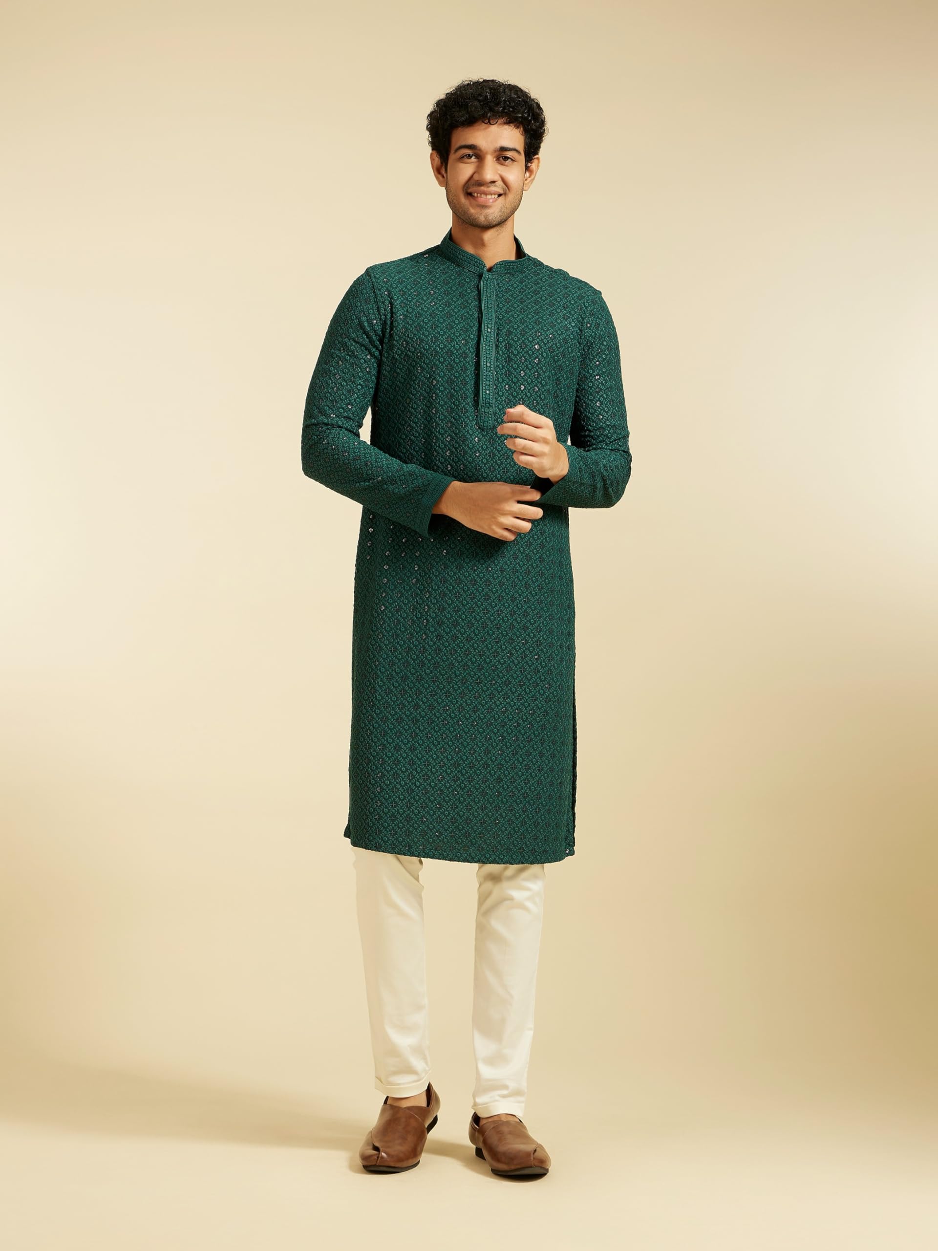 DIWAS BY MANYAVAR Men's Viscose Embroidery|Sequin Work Kurta (Dark Green,L) - Image 6