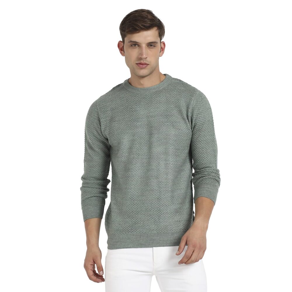 Campus Sutra Men's Sage Green Textured Knit Pullover Sweater for Casual Wear | Crew Neck | Long Sleeve | Pull On Closure | Cotton Sweater Crafted with Comfort Fit for Regular Wear - Image 5