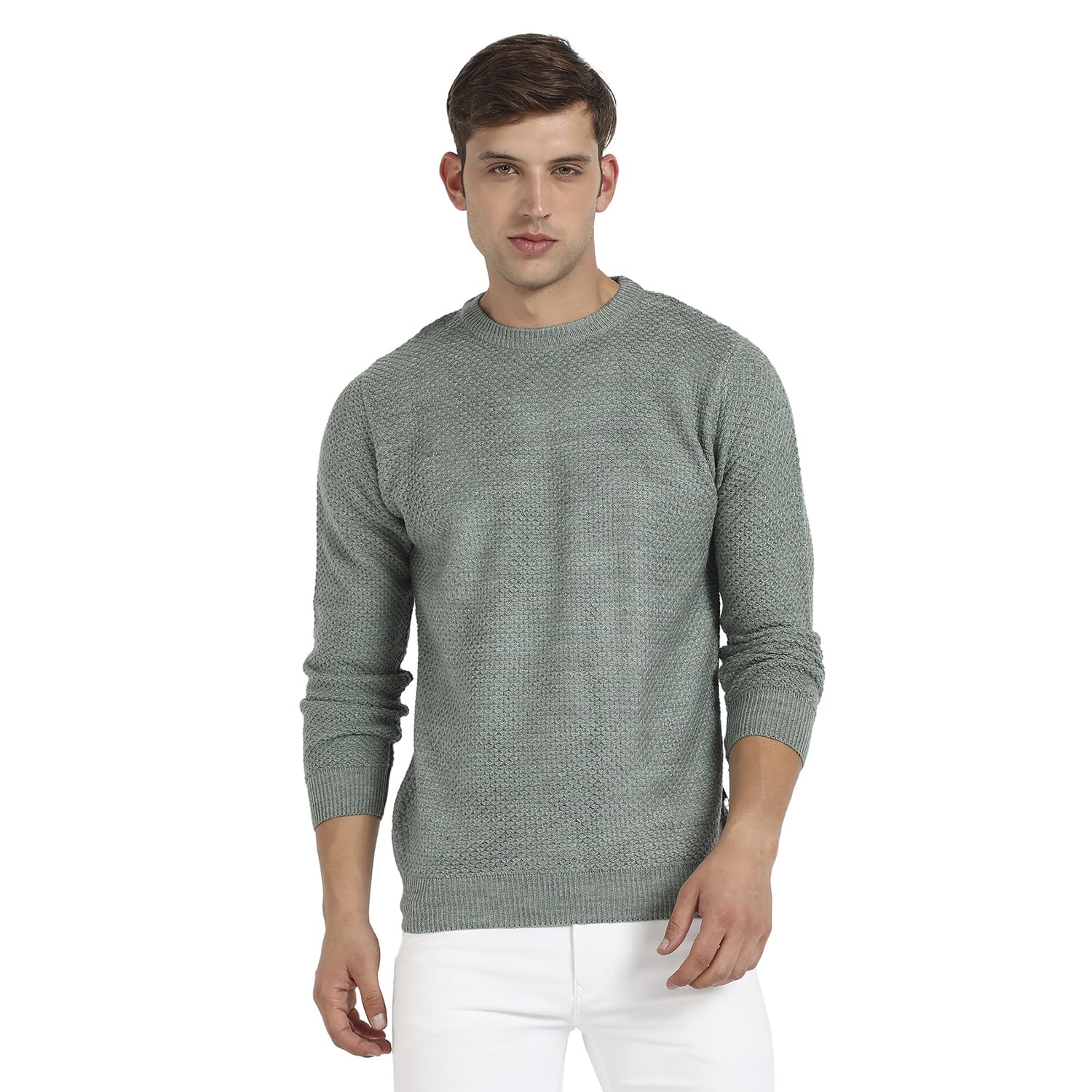 Campus Sutra Men's Sage Green Textured Knit Pullover Sweater for Casual Wear | Crew Neck | Long Sleeve | Pull On Closure | Cotton Sweater Crafted with Comfort Fit for Regular Wear - Image 5