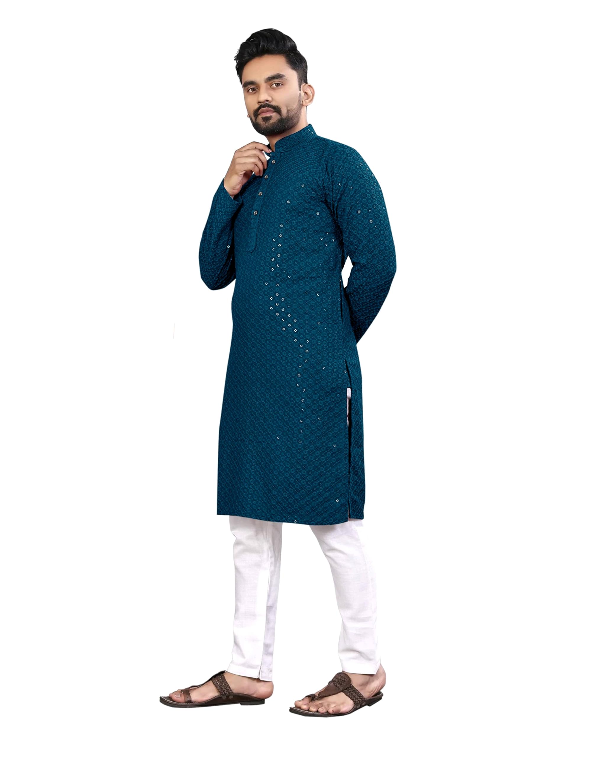 Trustous Georgette Men's Indian Ethnic Wear Straight Lucknowi Regular Fit Kurta SEA Green - Image 5