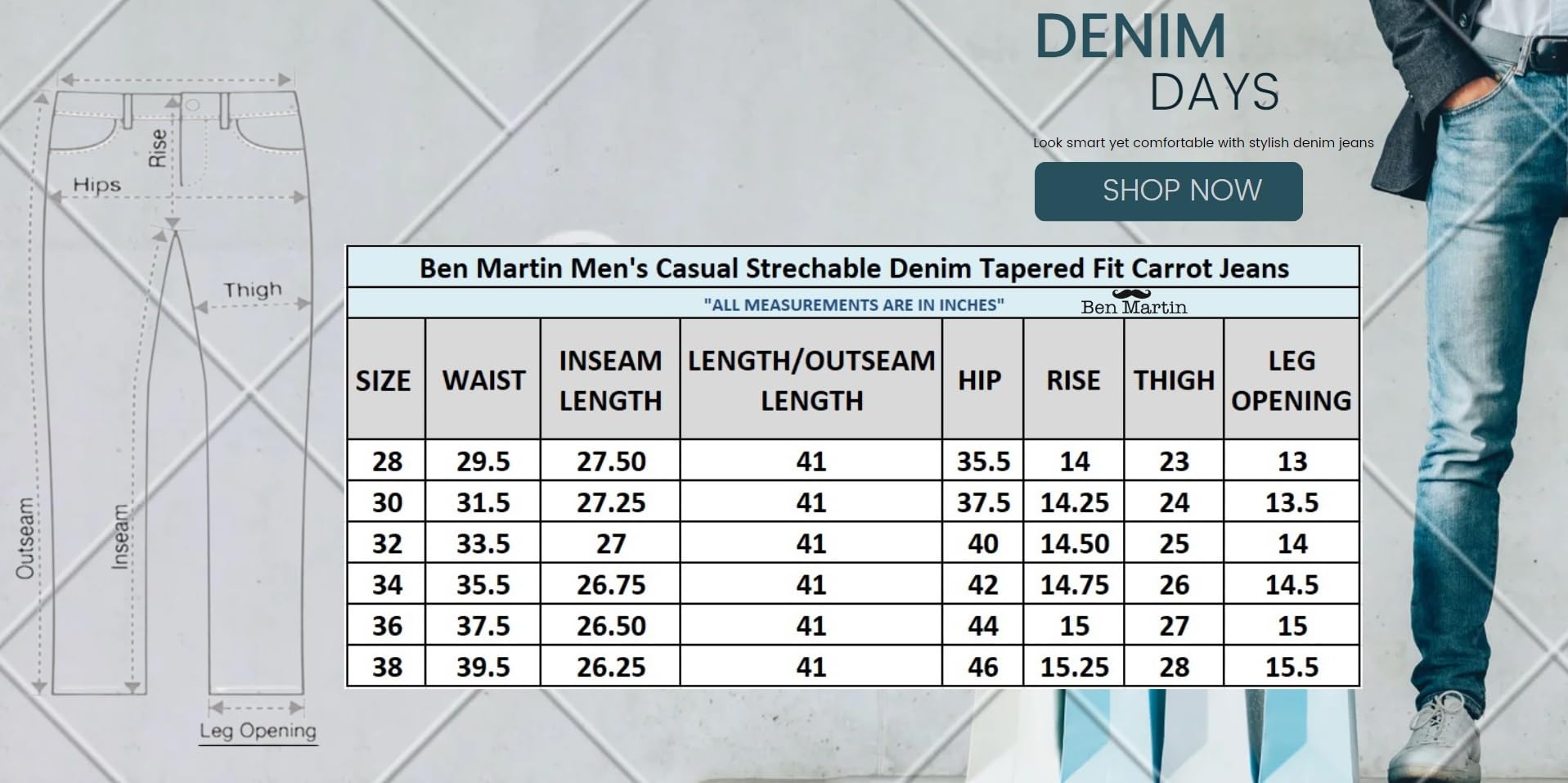 Ben Martin Men's High Rise Tapered Fit Stretchable Size 34 Denim Dark Blue Carrot Fit Jeans Pant for Men 0 - Image 2