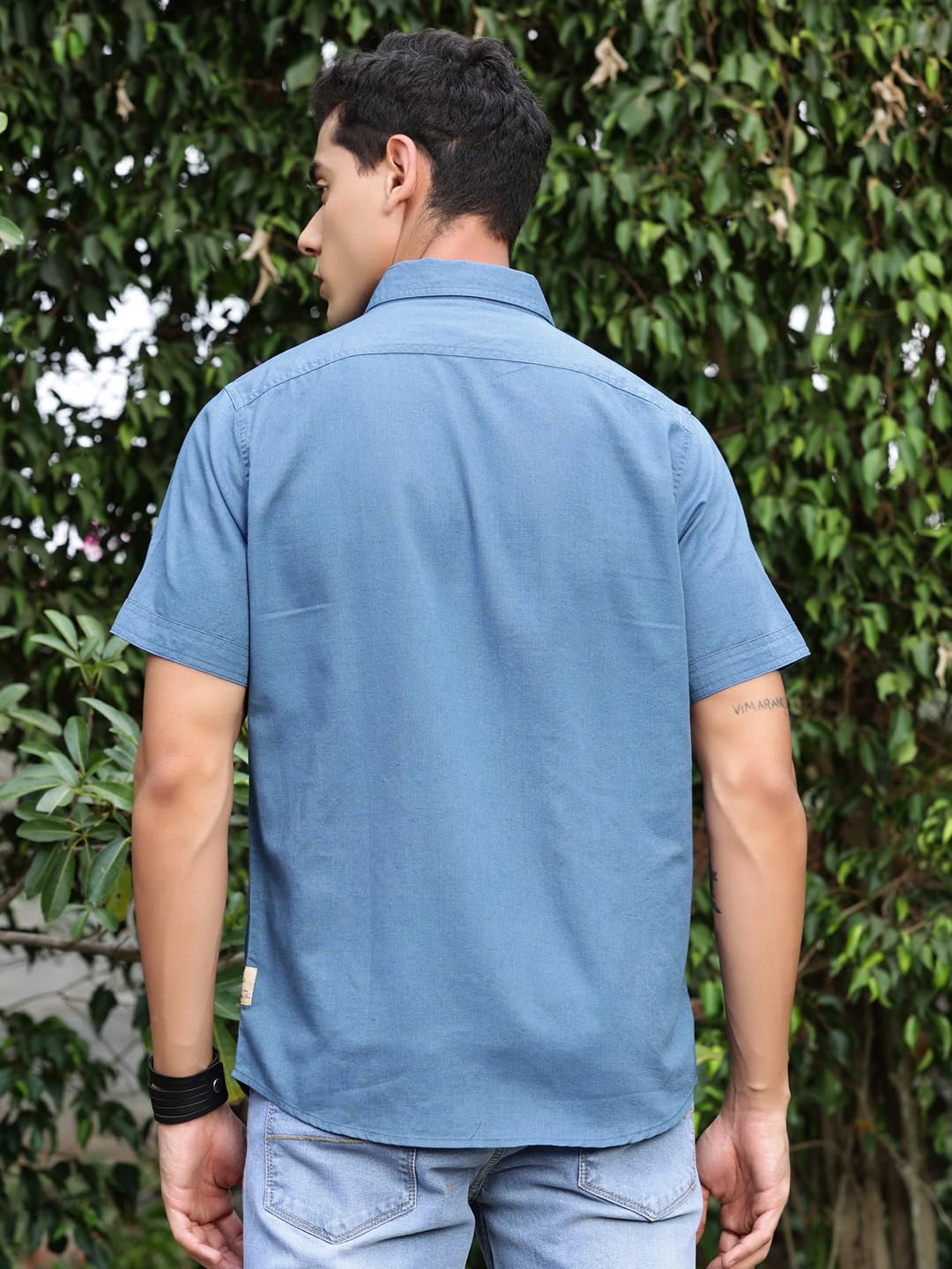 Thomas Scott Men's Half Sleeves Spread Collar Linen Casual Shirt (Dark Blue, XL) - Image 5
