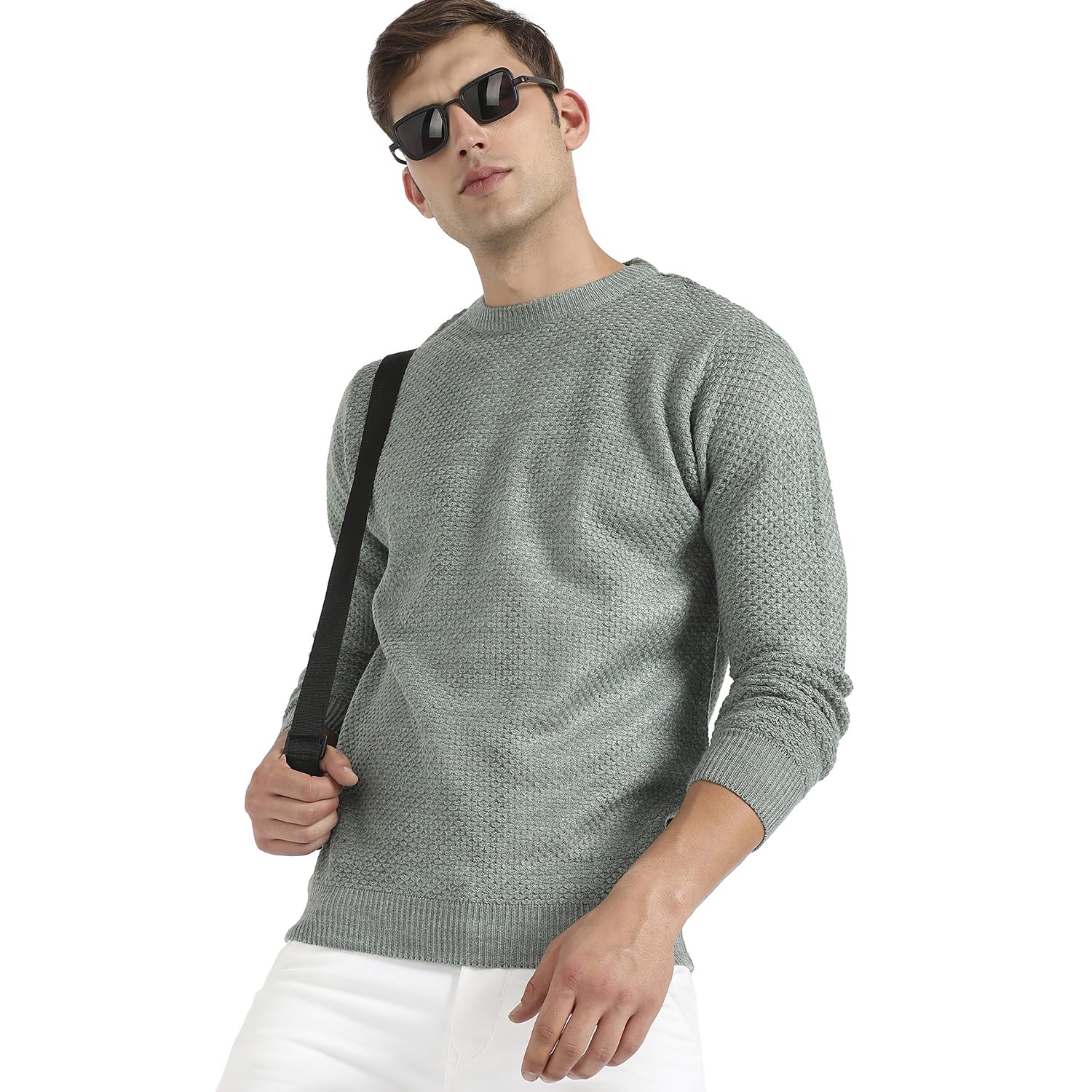 Campus Sutra Men's Sage Green Textured Knit Pullover Sweater for Casual Wear | Crew Neck | Long Sleeve | Pull On Closure | Cotton Sweater Crafted with Comfort Fit for Regular Wear