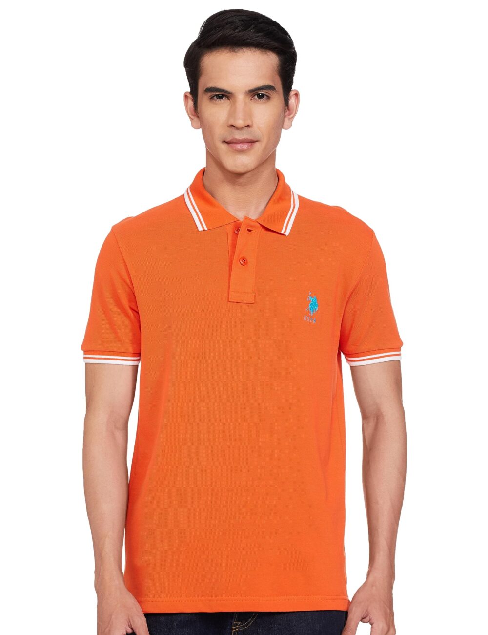 U.S. POLO ASSN. Men's Tipped Collar Pure Cotton Slim Fit Polo Shirt (USTSHS1540_Orange_Orange_XL)