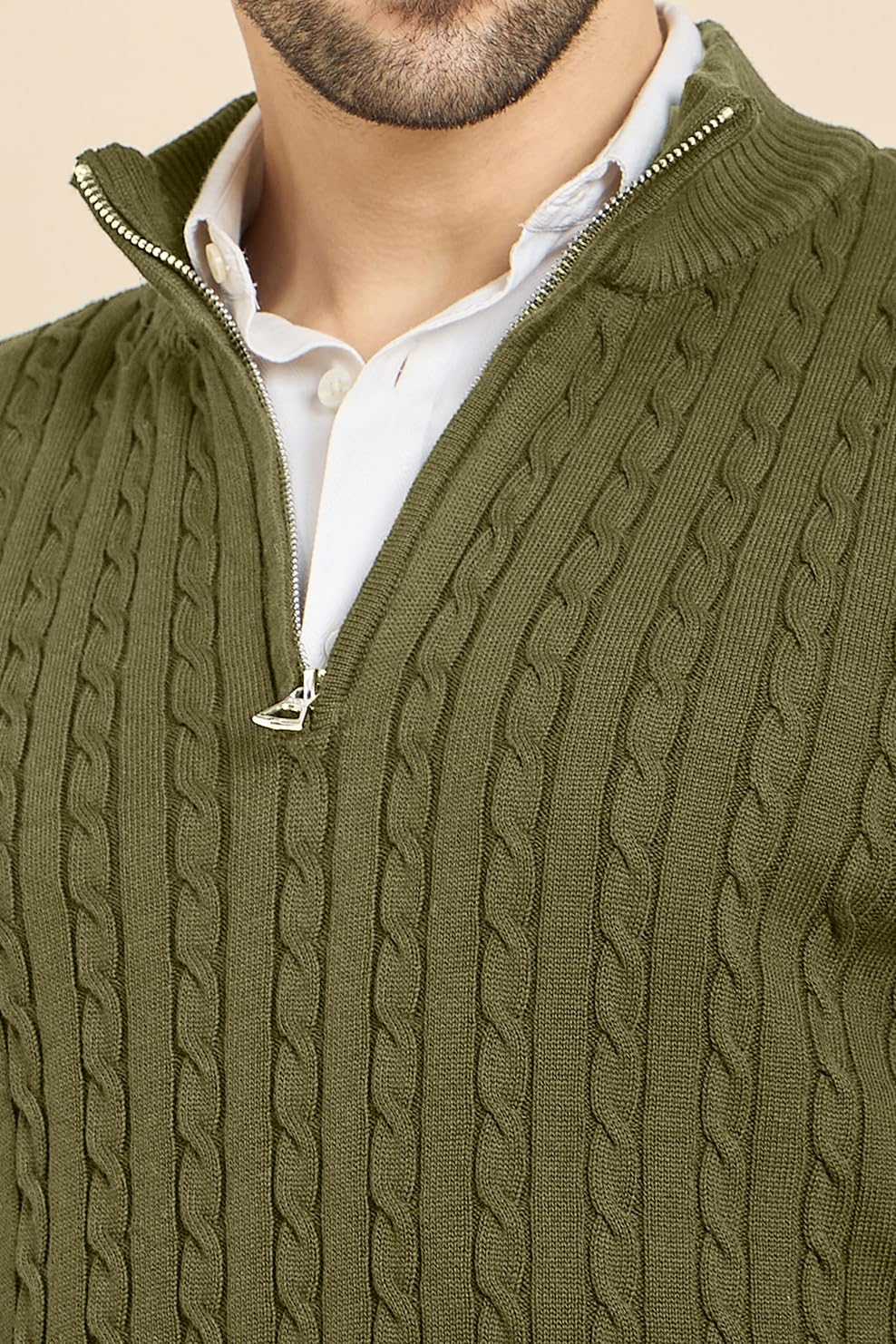 DZANT Wool Blend Sweaters for Men Winter | Premium | Zipper | Cable Knit Design | Full Sleeve | Olive Color | Turtle Neck | Sweaters for Men Zipper, Medium - Image 6